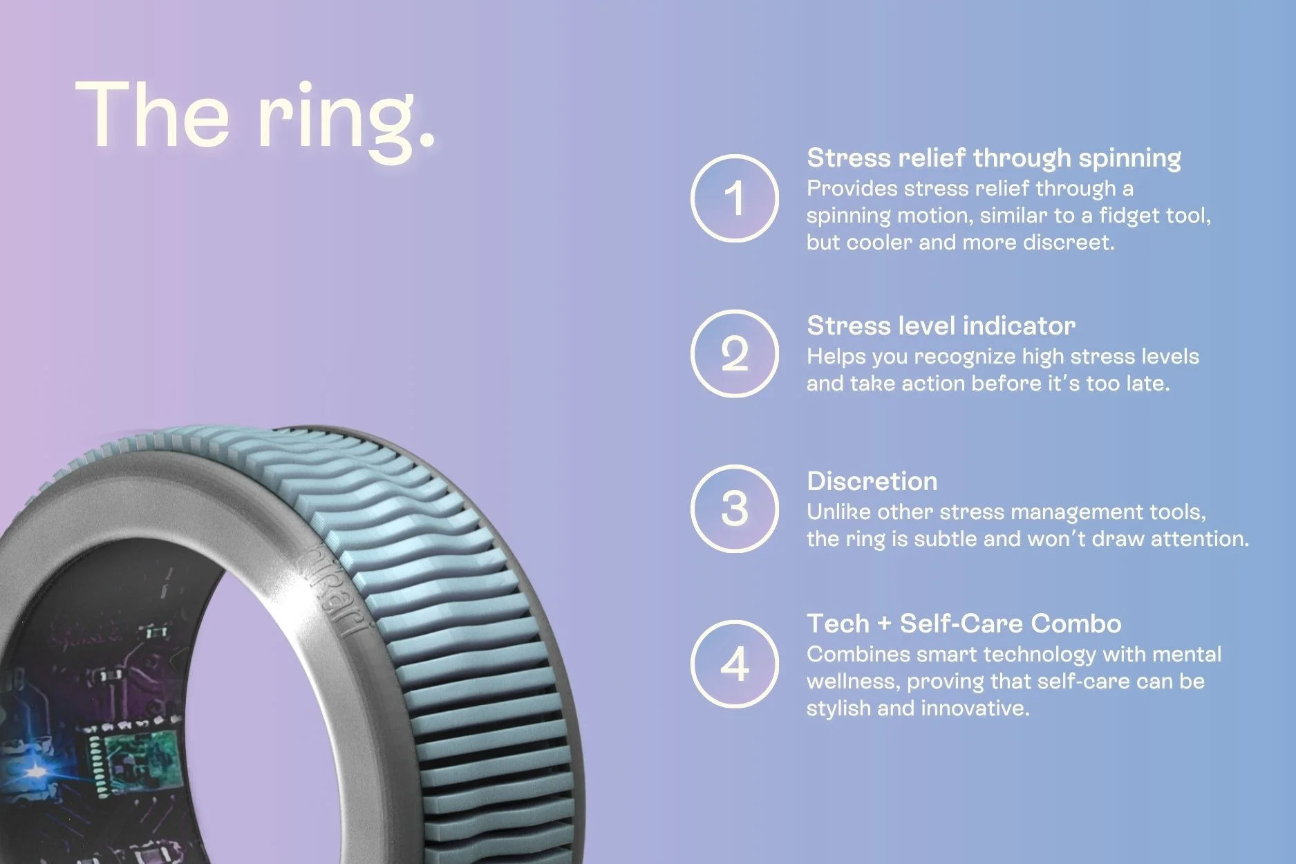 Grafische Darstellung eines modern gestalteten Wearables mit Text in deutscher Sprache, der die Funktionen eines Rings zur Stressbewältigung und Selbstfürsorge erklärt.