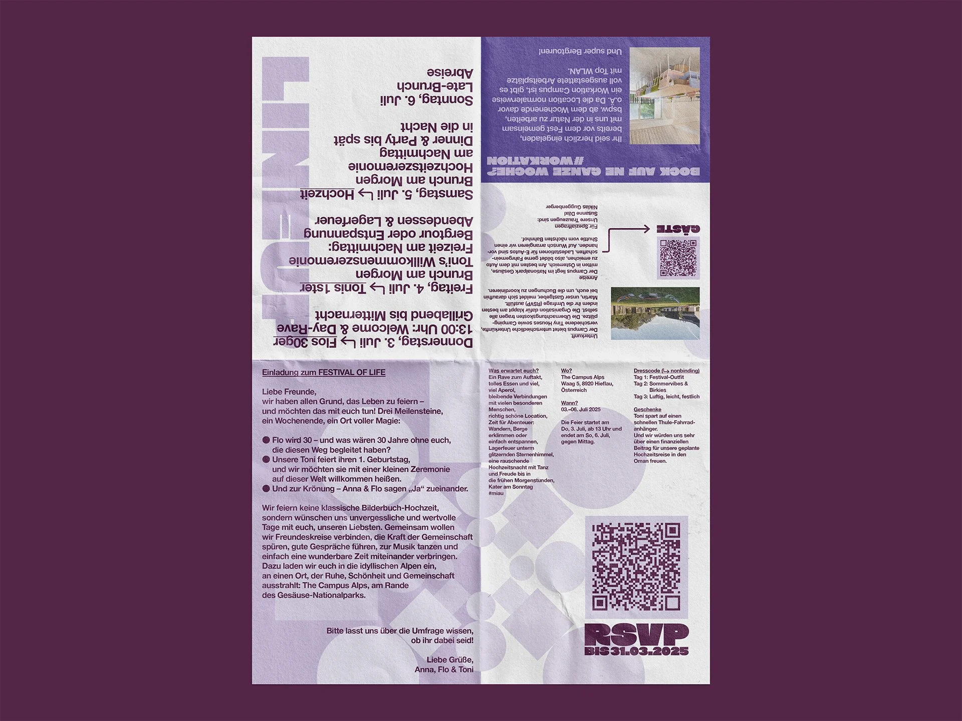 Einladung zum Festival of Life mit Informationen zu Datum, Ort, Programm und Kontaktmöglichkeiten, hellvioletter Hintergrund mit Festival-Motiven und QR-Codes.