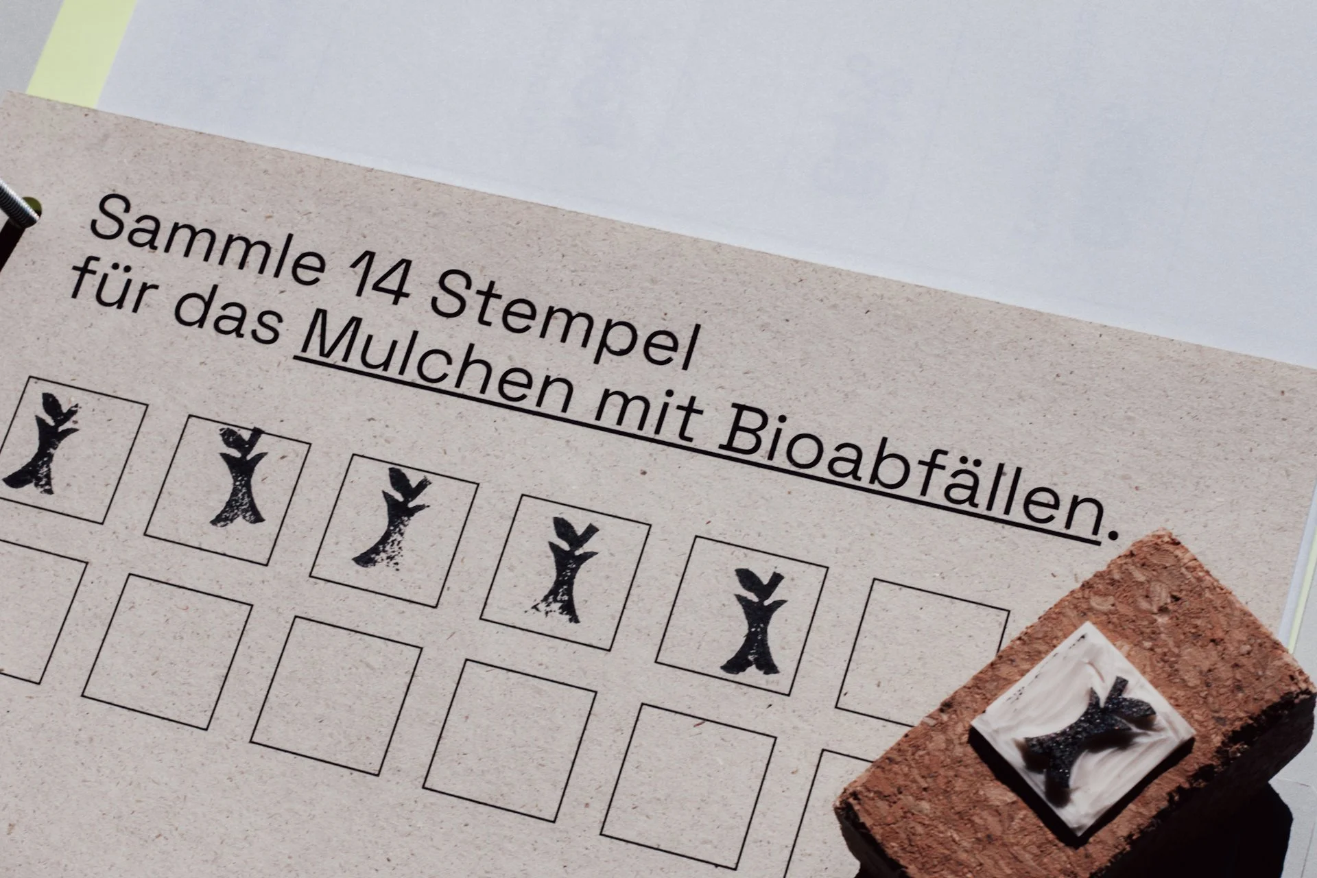 Grüner Bogen, beige Zettel mit schwarzem Text und Stempeln, Schokoladenmousse in quadratischer Schokoladenschale