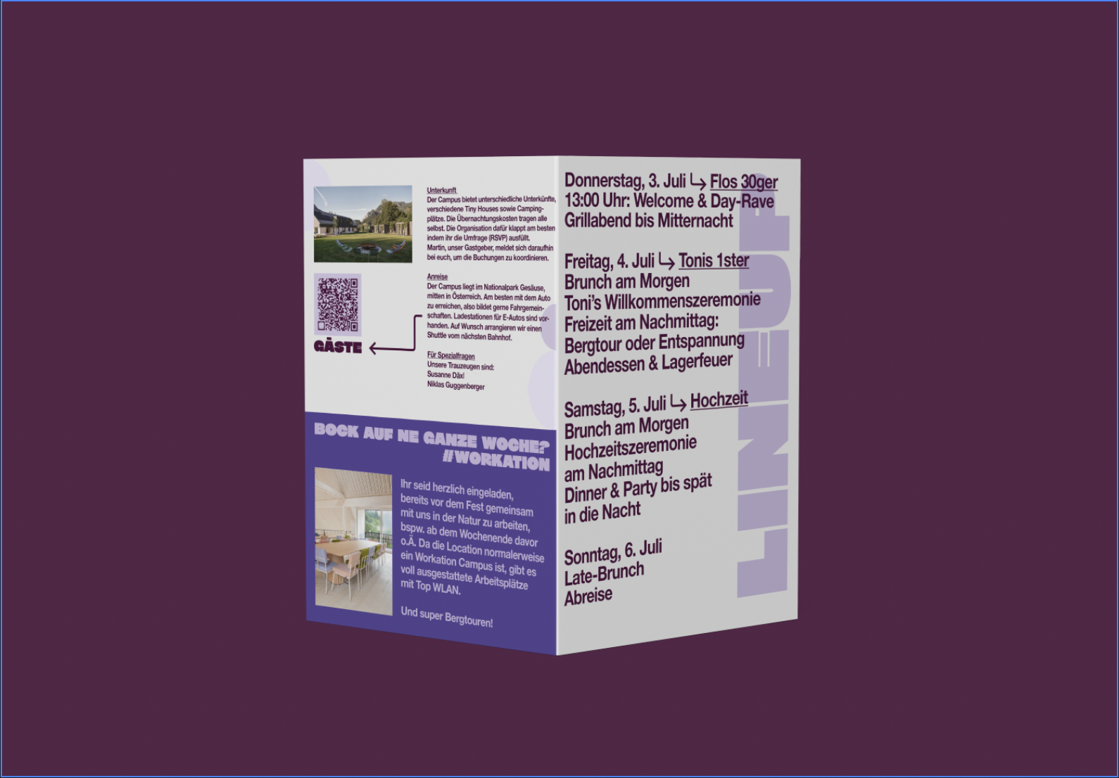 Ein mehrseitiger Flyer mit Programm-Infos für ein Event, inklusive Termine, Aktivitäten und Unterkunftshinweisen, auf Deutsch.