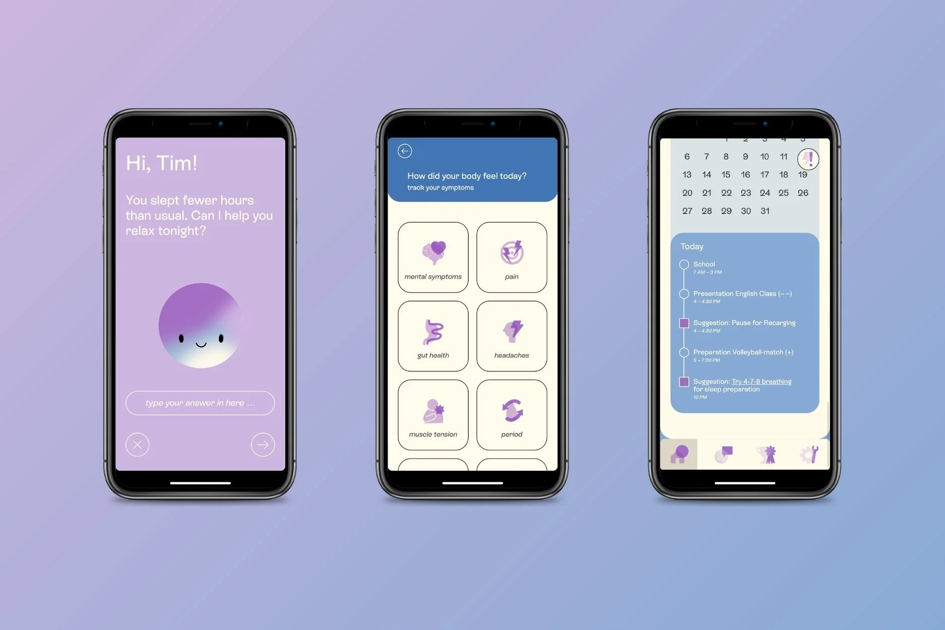 Drei Smartphone-Bildschirme zeigen eine Gesundheits-App mit Funktionen wie Schlaftracking, Symptomverfolgung und Tagesplan mit Terminen, Benachrichtigungen und Vorschlägen für Gesundheits- und Schlafgewohnheiten.