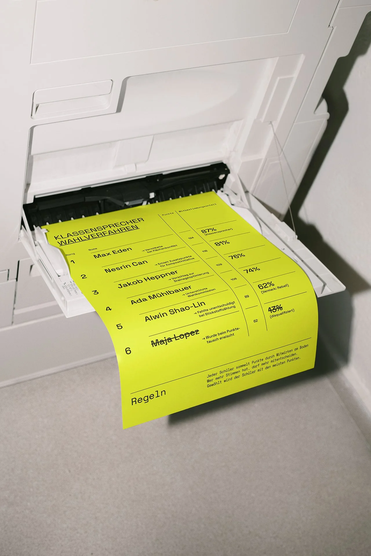 Eine gelbe Wahlurne mit einem Wahlzettel, auf dem Namen und Stimmenanteile verschiedener Kandidaten zu sehen sind, wird in einen schwarzen Briefkasten eingeworfen.