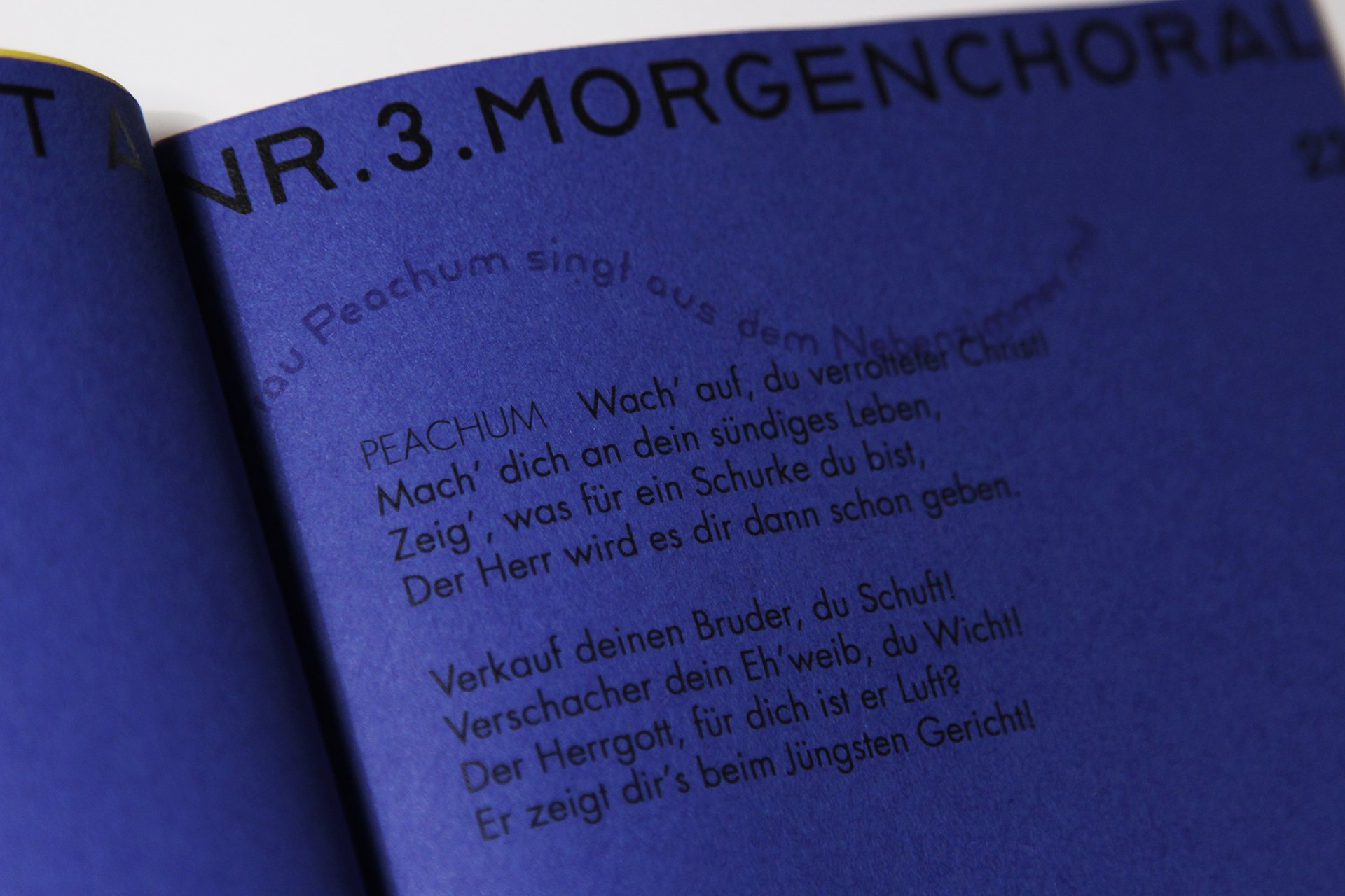 Nahaufnahme eines blauen Buchs mit deutscher Schrift. Der Text enthält eine religiöse Botschaft über das Erwachen zum Glauben und das Vertrauen auf Gott.