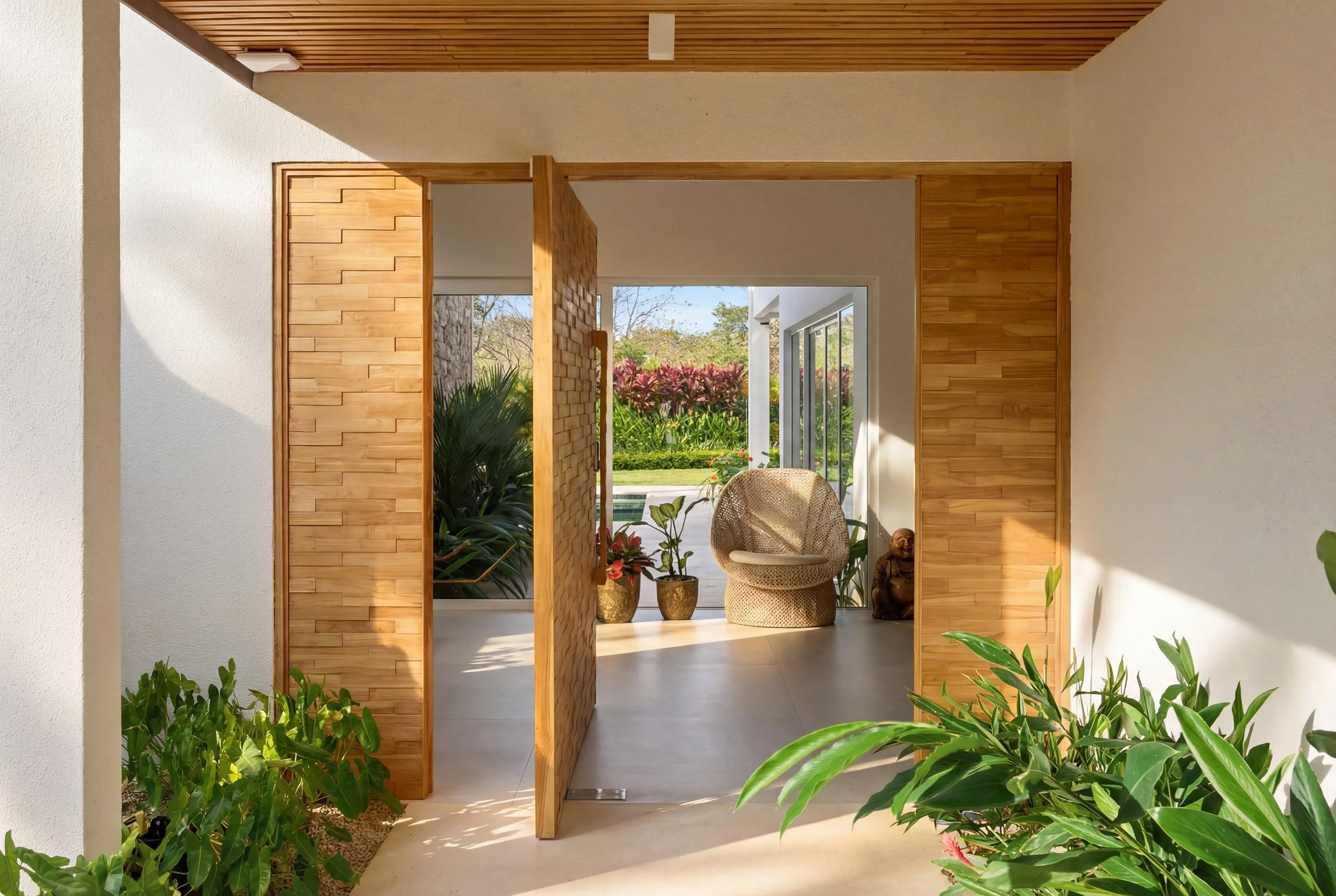 View of a modern interior space with wood sliding doors, potted plants, and outdoor garden visible through large windows. In Guanacaste, Costa Rica.
