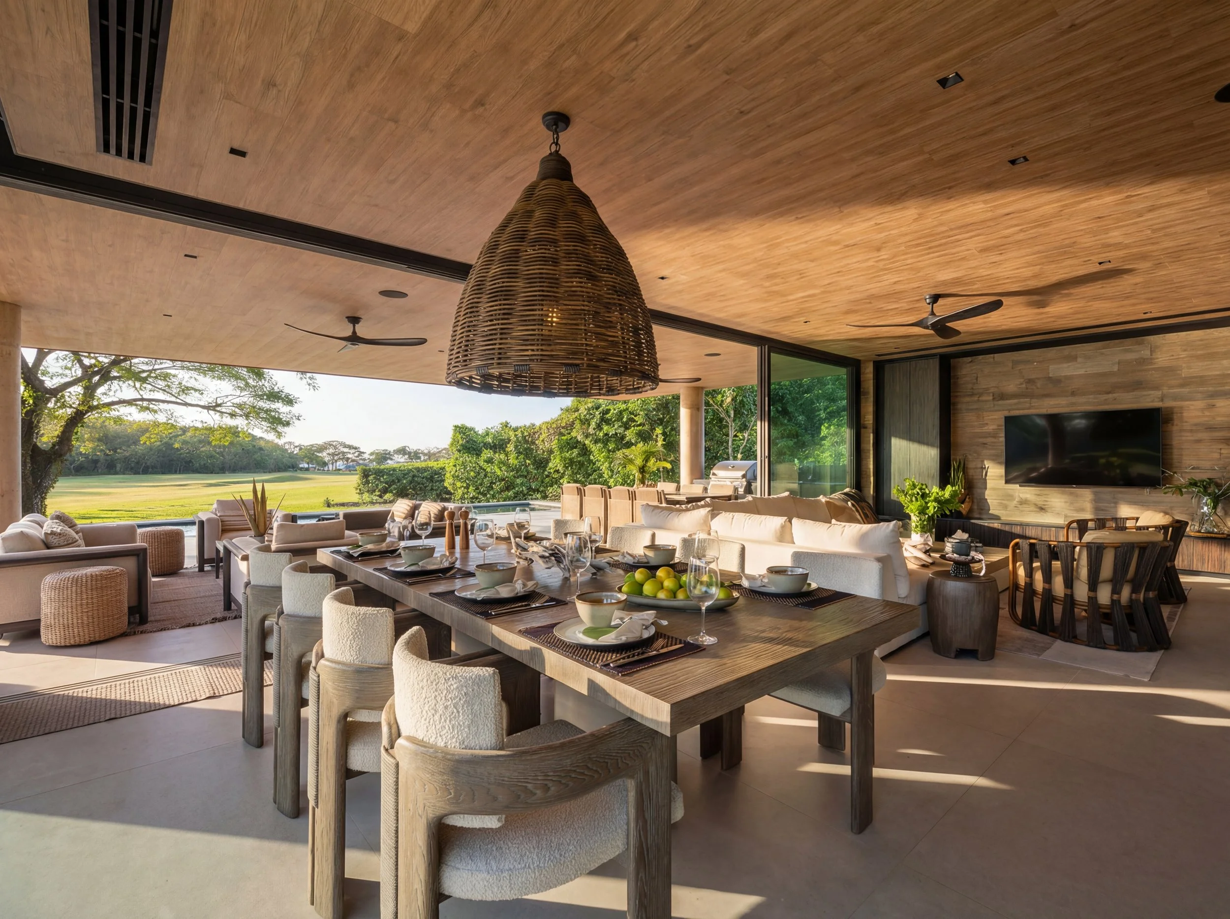 Modern indoor dining and living area featuring a large wooden dining table with place settings, surrounded by beige and cream chairs, with a view of a green outdoor space through sliding glass doors, and decorated with plants and a flat-screen TV.