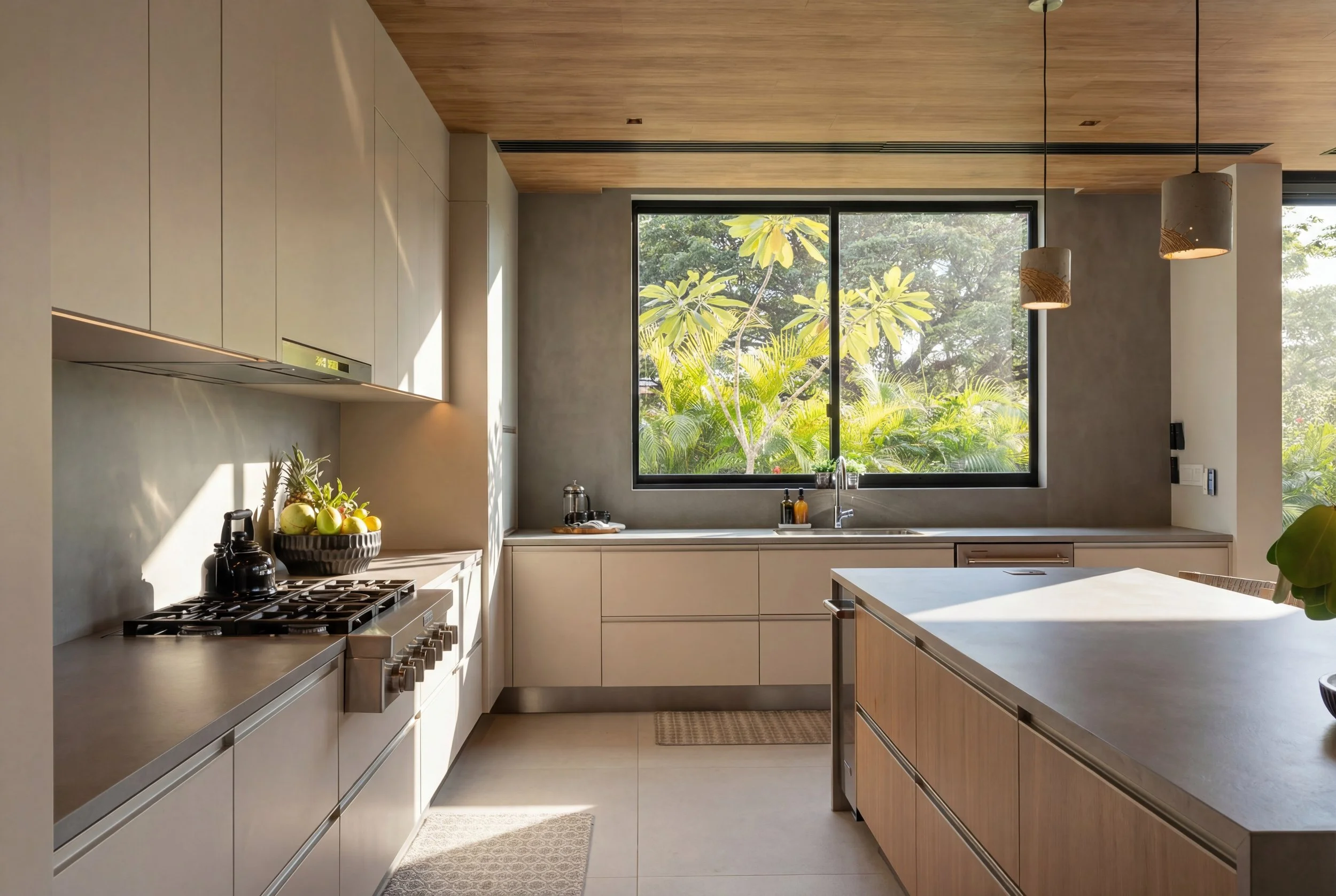 Modern kitchen with white cabinets, a large window showing greenery outside, a kitchen island with a wooden base, pendant lights, and sunlight streaming in.