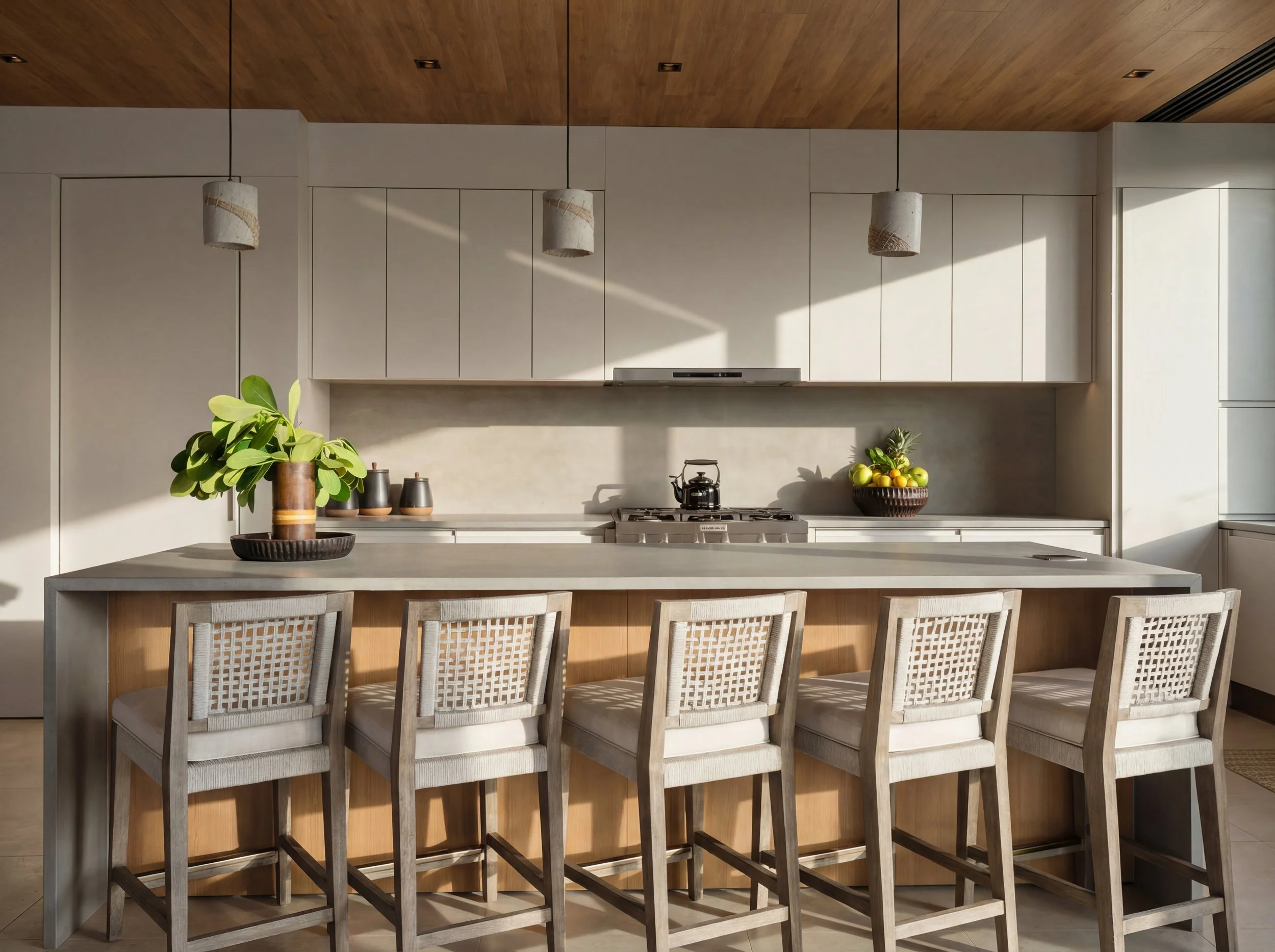 Modern kitchen with a large island, four chairs, and hanging pendant lights. Decor includes a green plant and fruit bowl, with sunlight casting shadows.