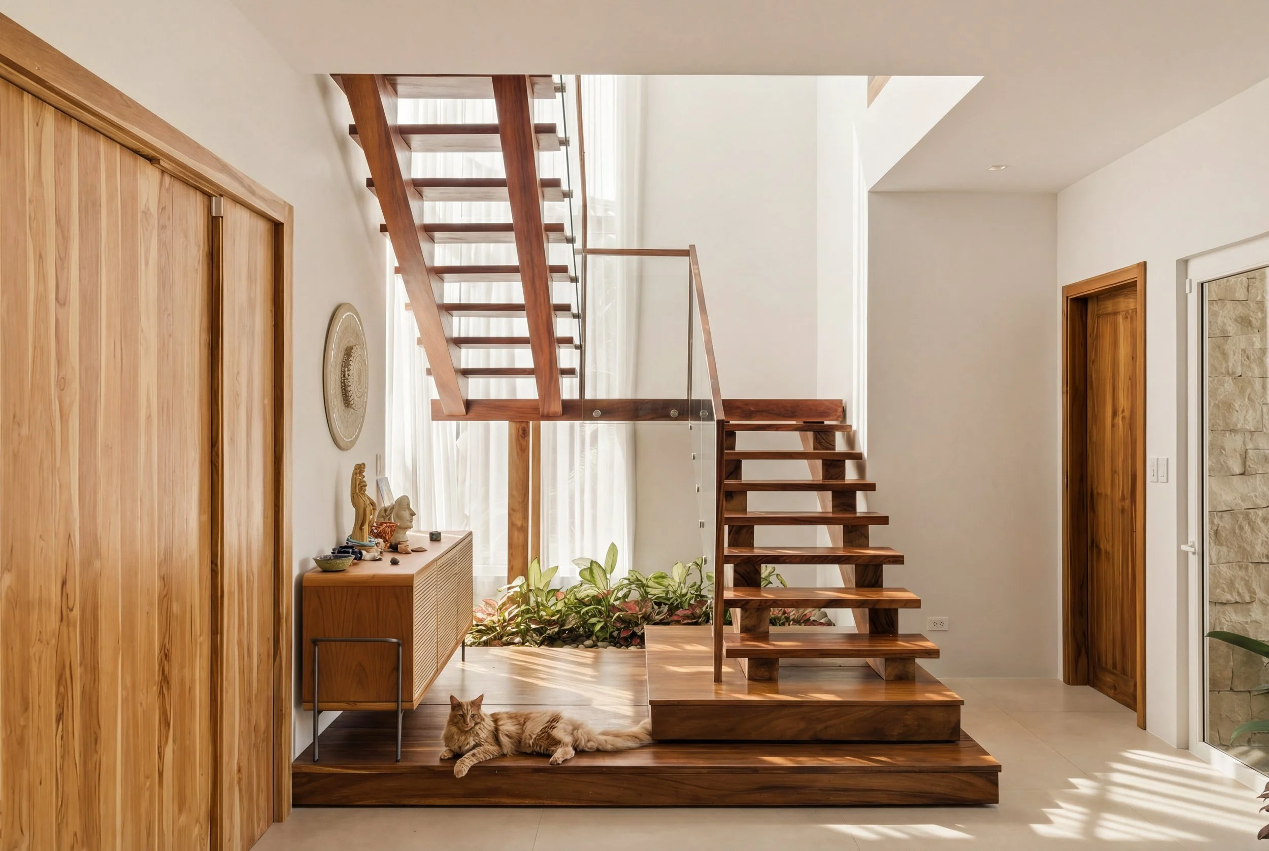 Interior view of a modern home with wooden stairs, a decorative cabinet, a cat lying on the wooden floor, and natural light coming through large windows with white curtains.