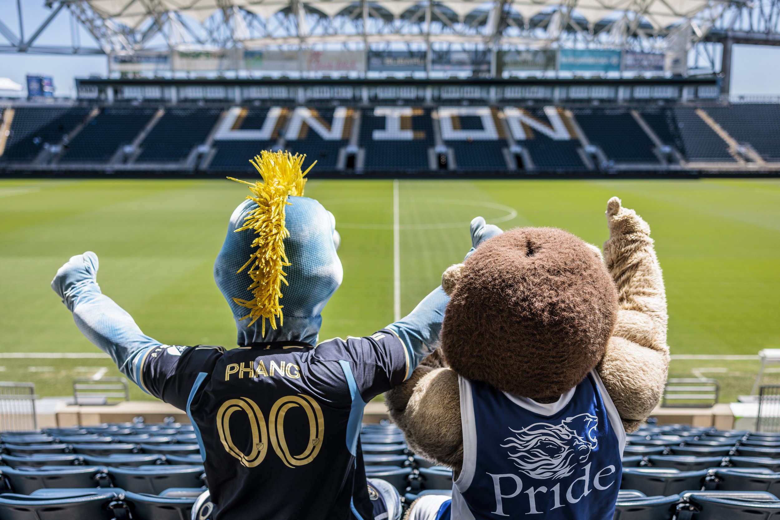 "Phang and Chester, mascots of the Philadelphia Union and Widener University, respectively, showcase their enduring partnership! As the Official University of the Philadelphia Union, Widener University and the Union have a strong bond, and Phang and