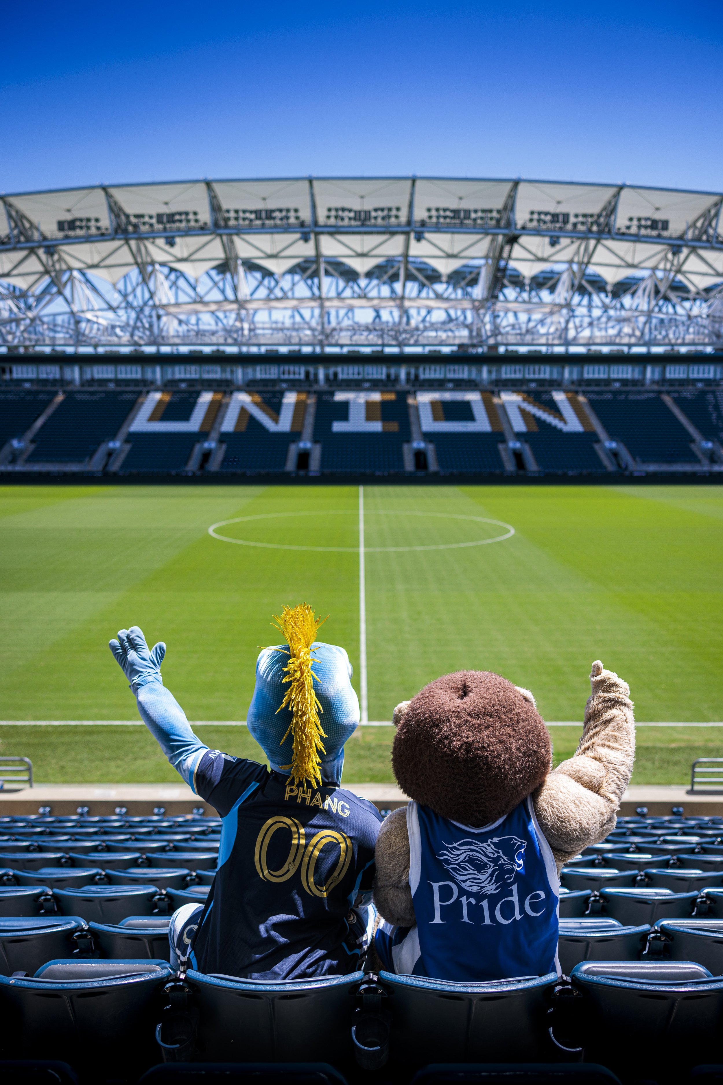 "Phang and Chester, mascots of the Philadelphia Union and Widener University, respectively, showcase their enduring partnership! As the Official University of the Philadelphia Union, Widener University and the Union have a strong bond, and Phang and
