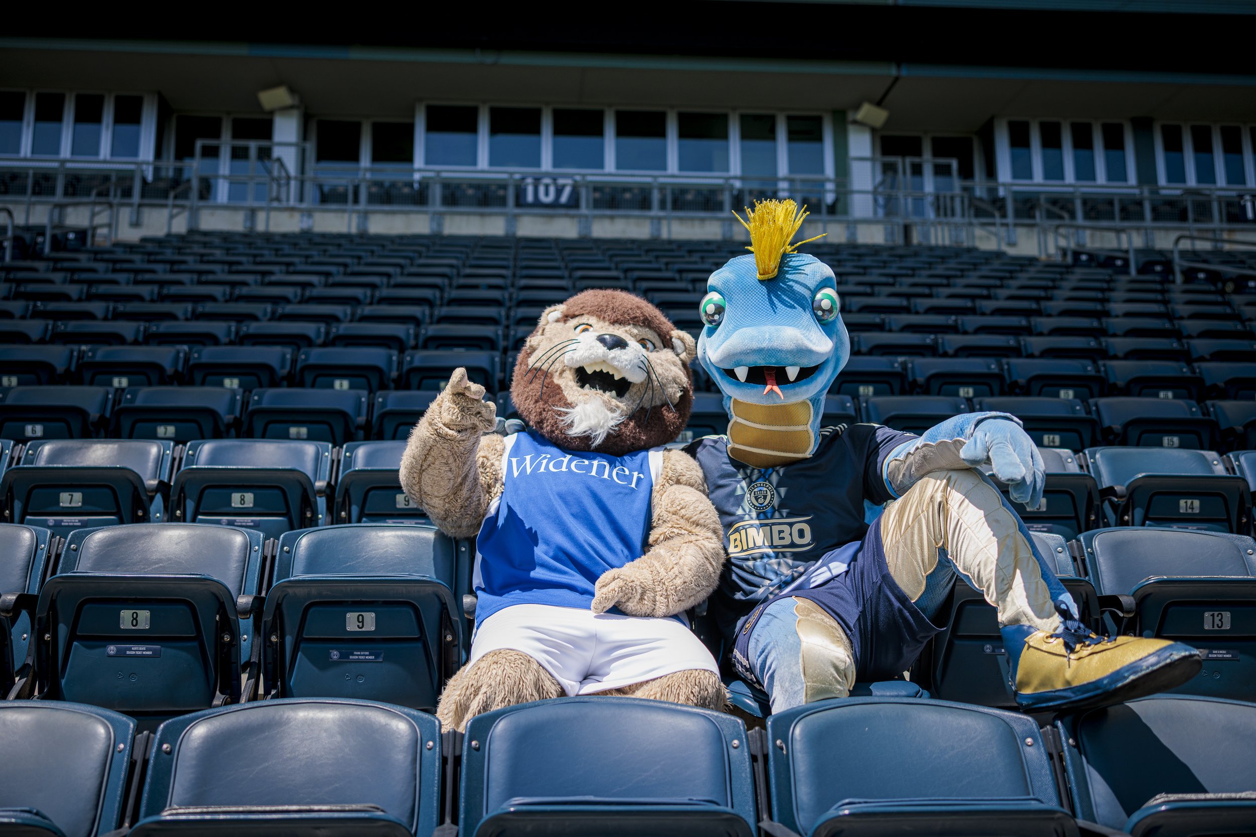 "Phang and Chester, mascots of the Philadelphia Union and Widener University, respectively, showcase their enduring partnership! As the Official University of the Philadelphia Union, Widener University and the Union have a strong bond, and Phang and