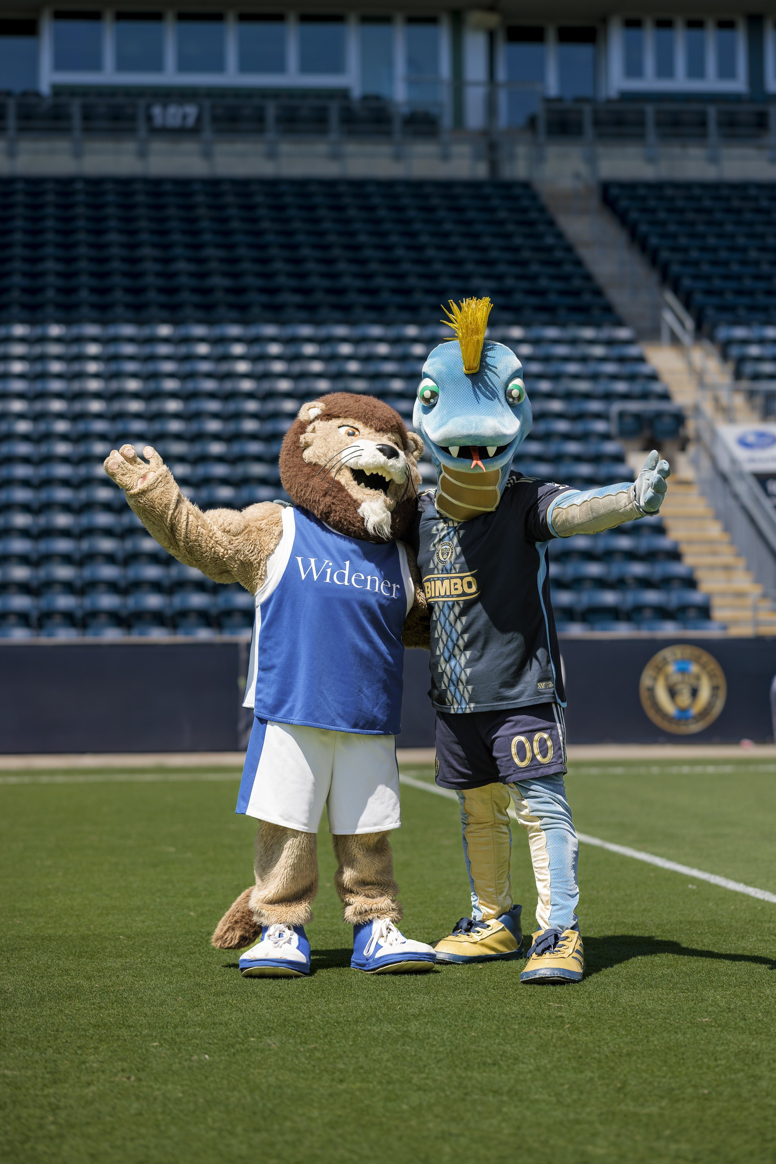 "Phang and Chester, mascots of the Philadelphia Union and Widener University, respectively, showcase their enduring partnership! As the Official University of the Philadelphia Union, Widener University and the Union have a strong bond, and Phang and