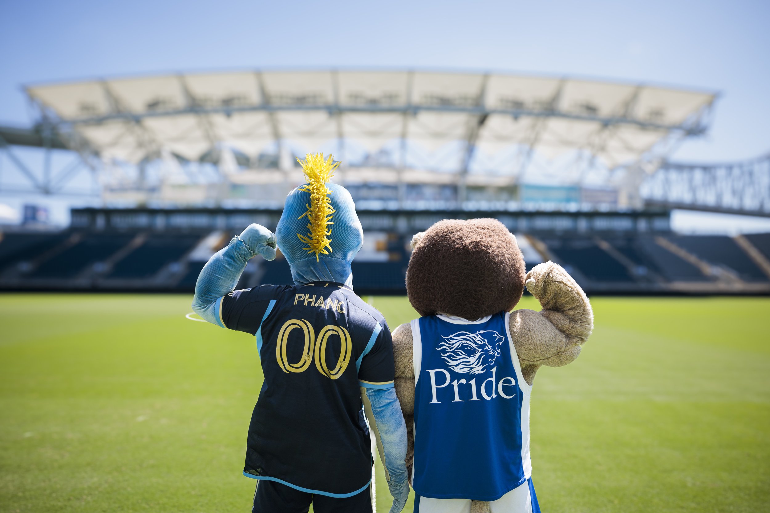 "Phang and Chester, mascots of the Philadelphia Union and Widener University, respectively, showcase their enduring partnership! As the Official University of the Philadelphia Union, Widener University and the Union have a strong bond, and Phang and