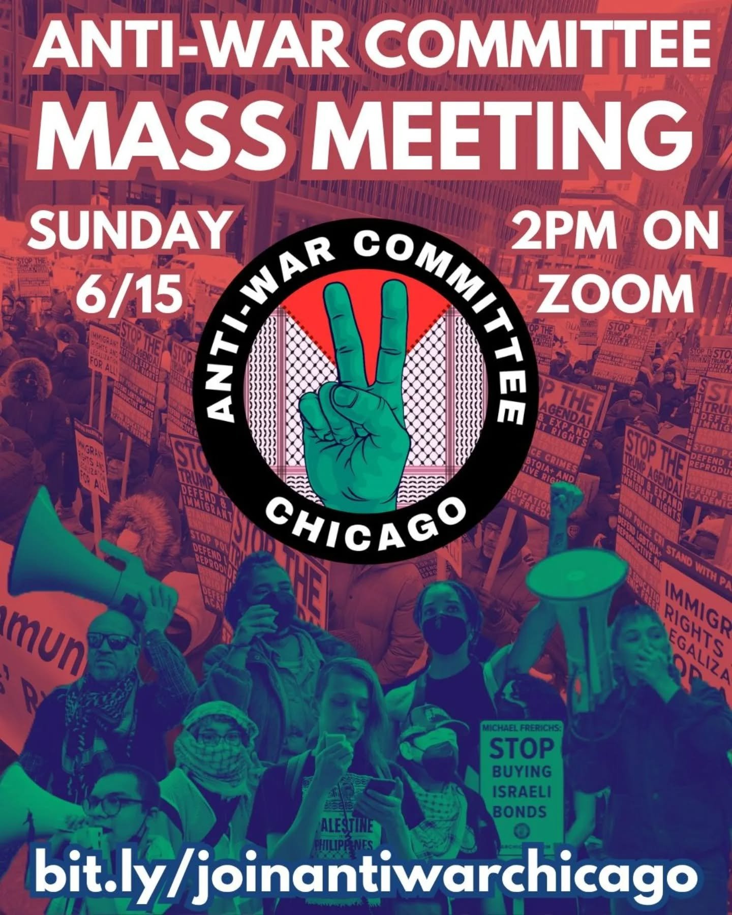 Join Anti-War Committee Chicago on Sunday, June 15th on Zoom for our mass meeting!

Come learn how you can join our campaign to demand Illinois State Treasurer Michael Frerichs to divest our state taxes from genocide and war!

With the Trump regime c