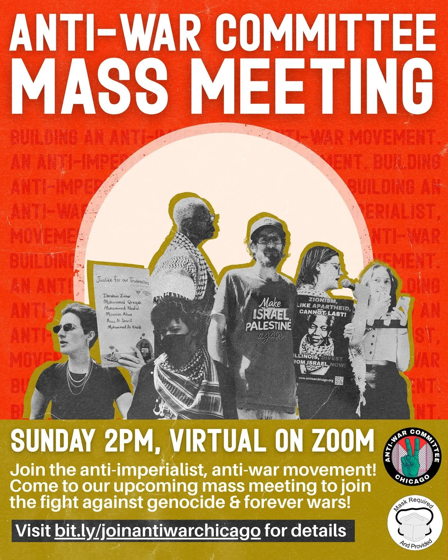 Join AWC at our weekly mass meeting this Sunday at 2pm on Zoom! Now is the time to get involved with an anti-imperialist organization to end US-backed wars of aggression! Learn about Anti-War Committee Chicago and the people&rsquo;s campaign against 