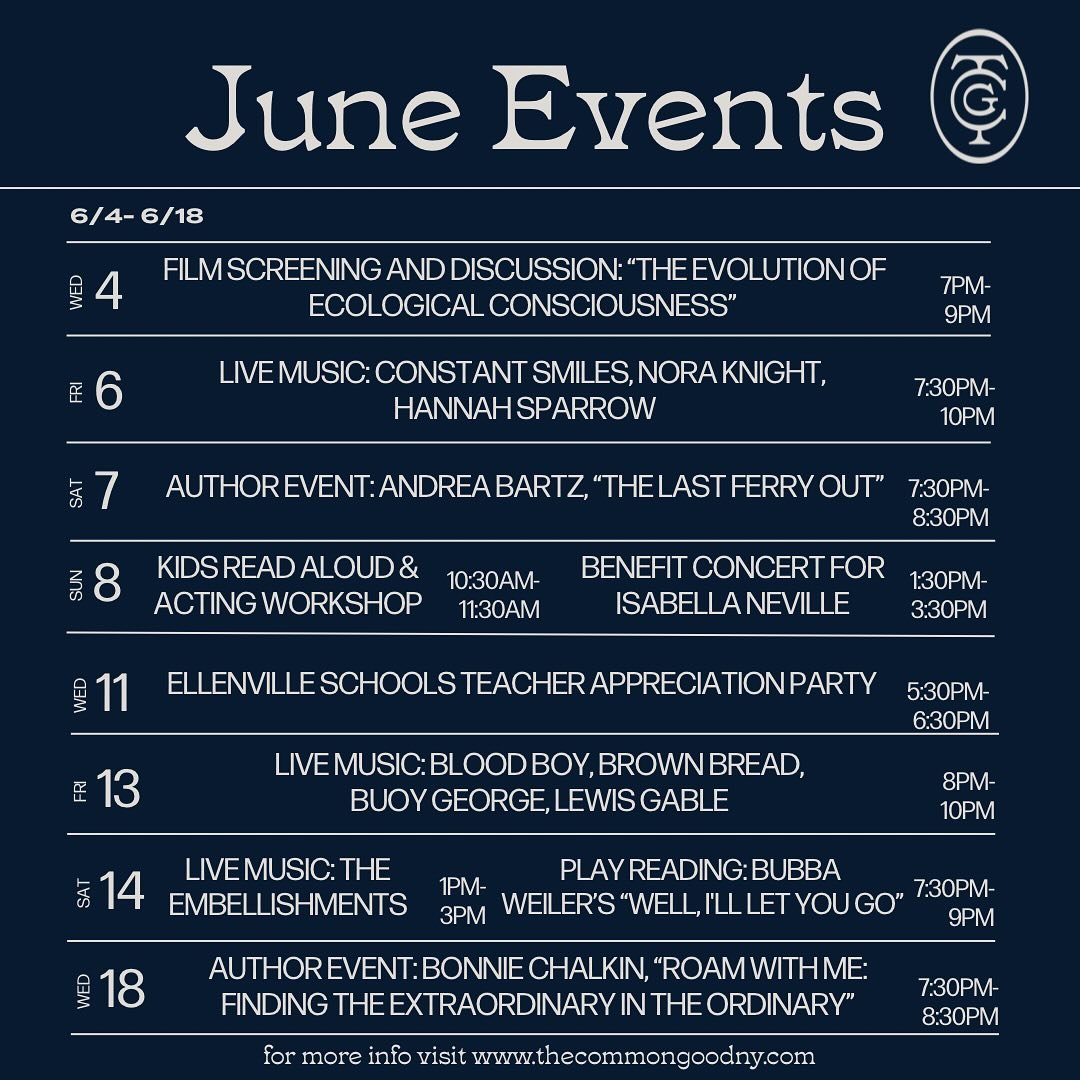 💫LOTS going on at the shop this June 🎶📚🍹🦄

Take a peek at the calendar, tag a friend, and make it date! 😚

See you soon!

#ellenvilleny #hudsonvalleyevents #bookish #upstatevibes #authorevents #bookbar