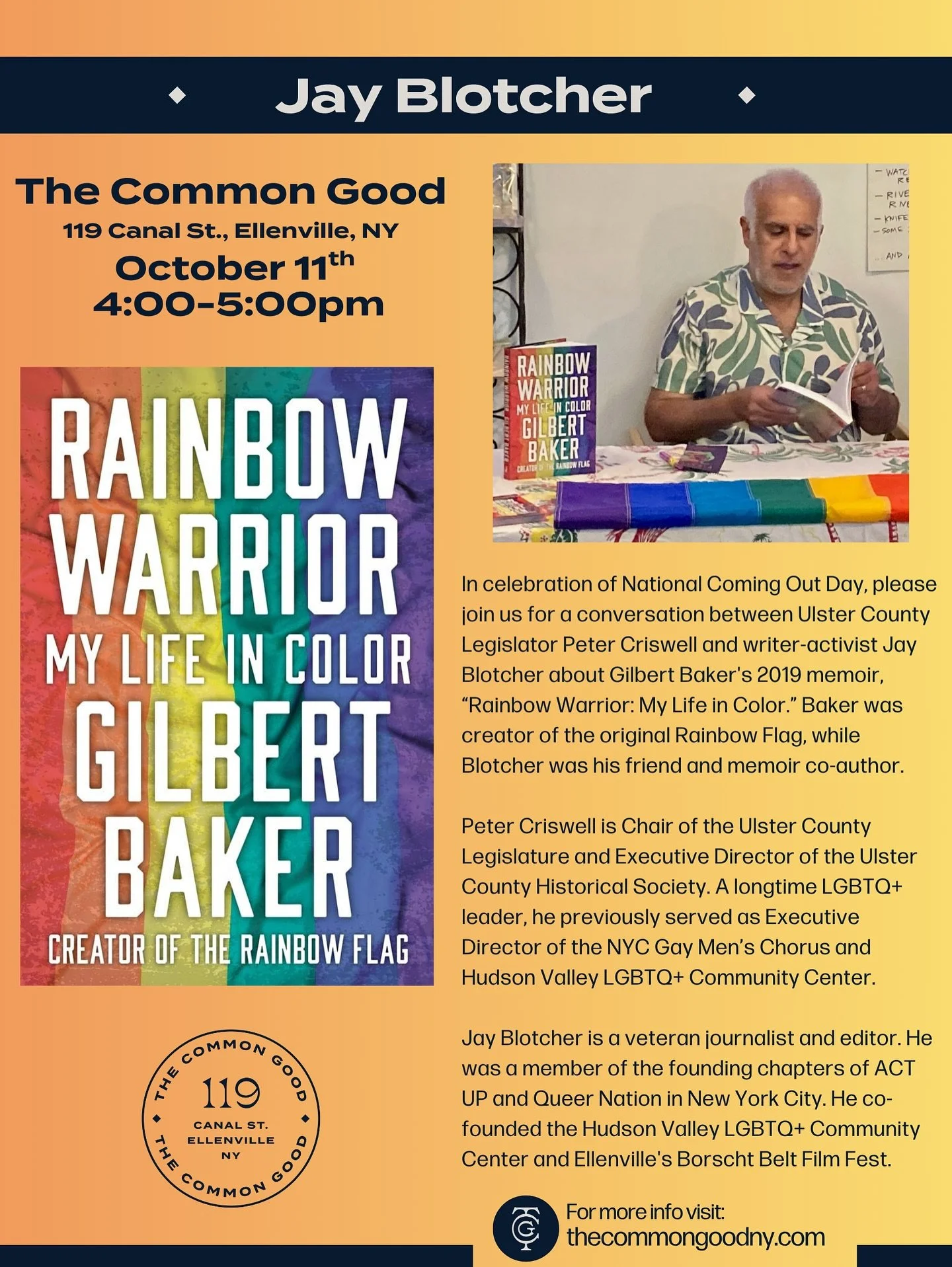 🌈Saturday, October 11 is National Coming Out Day! 🌈

In solidarity and in celebration, we are thrilled to invite you to a special conversation between Ulster County Legislator Peter Criswell and writer-activist Jay Blotcher about Rainbow Warrior: M