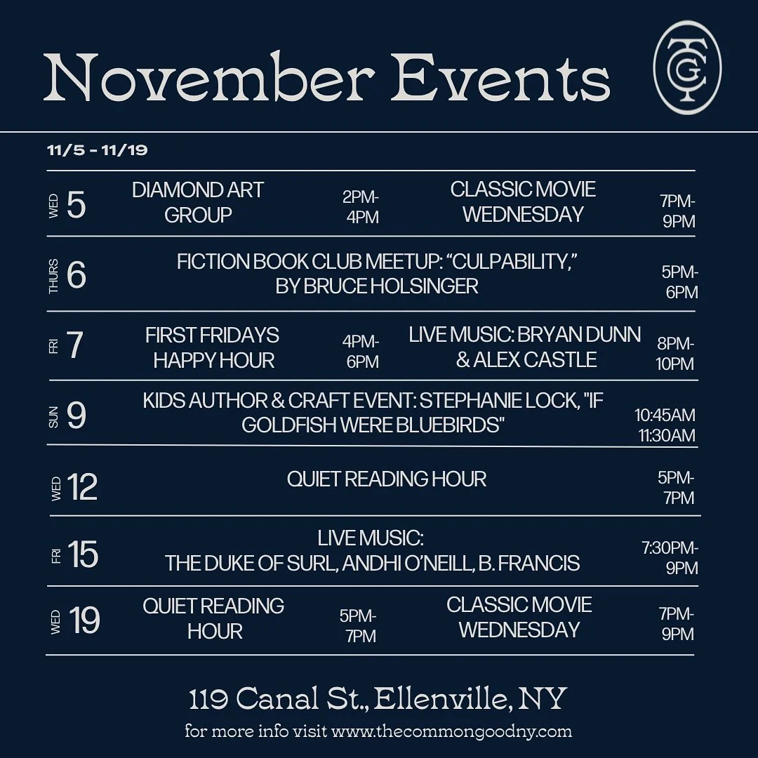 Our November calendar is here! 🍂 This month brings a Classic Movie Wednesday, a new Artist Residency, the return of Good Work, and the debut of our Quiet Reading Hour. Plus, live music, kids&rsquo; yoga, author and story time, book clubs. In other w