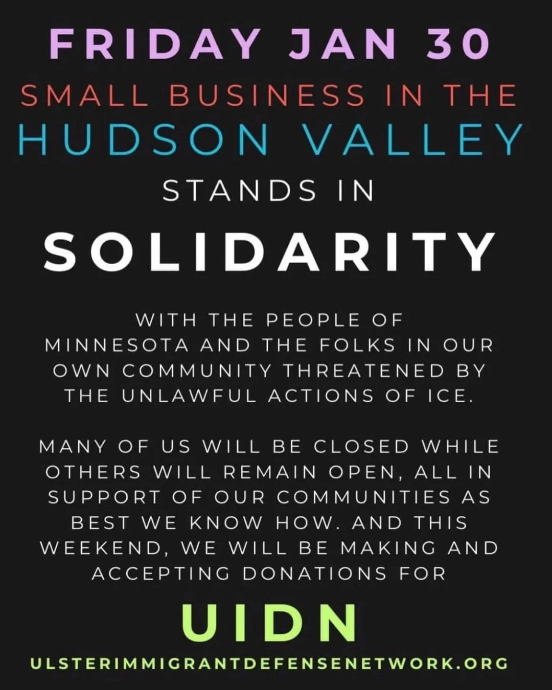 In Kingston with you in spirit, but here to leave the door open for the community (and make rent!) and do what we can to provide camaraderie, inspiration, and a space to congregate. 10% of all Friday sales will be donated to @ulsterimmigrantdefense