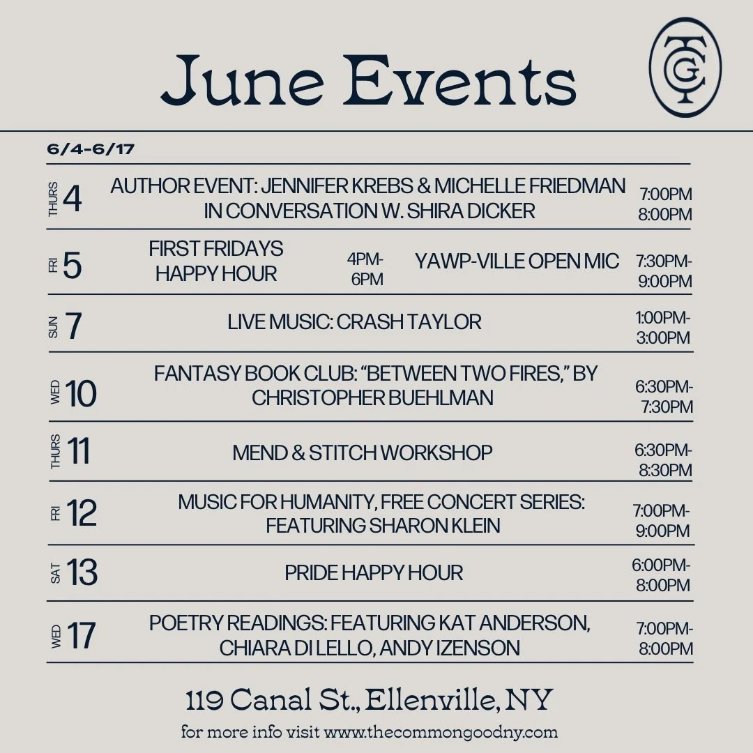 Summer at The Common Good, Part I ☀️

Live music. Poetry. Community Events. Bookclubs.  A Braids-and-Brews afternoon for girl dads and MORE. And it&rsquo;s only June 😊🌻

See you at the shop. 

#SummerAtTheBookshop #BooksAndBeer #GirlDads #SummerInT