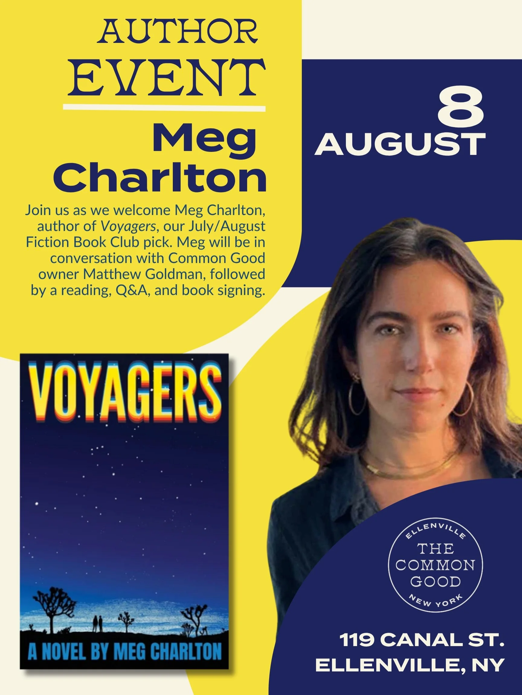 📘🛸Join us this Saturday, August 8, from 4&ndash;5 PM, as author Meg Charlton visits The Common Good to talk about her debut work, Voyagers, and sign books. If you&rsquo;re already coming to the Blueberry Festival, just swing through afterward! 🫐

