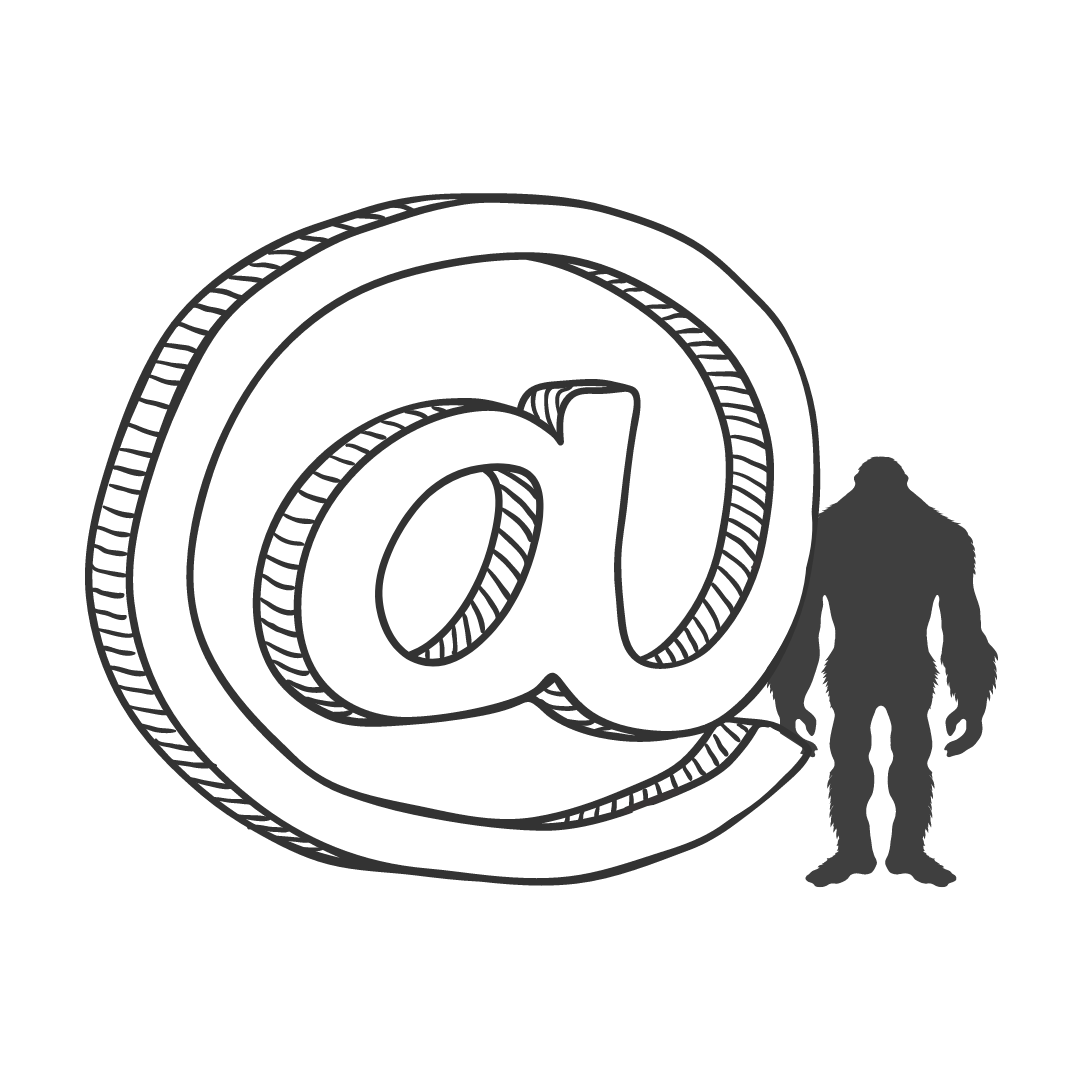 sketch icon of sasquatch standing next to a large "@" symbol
