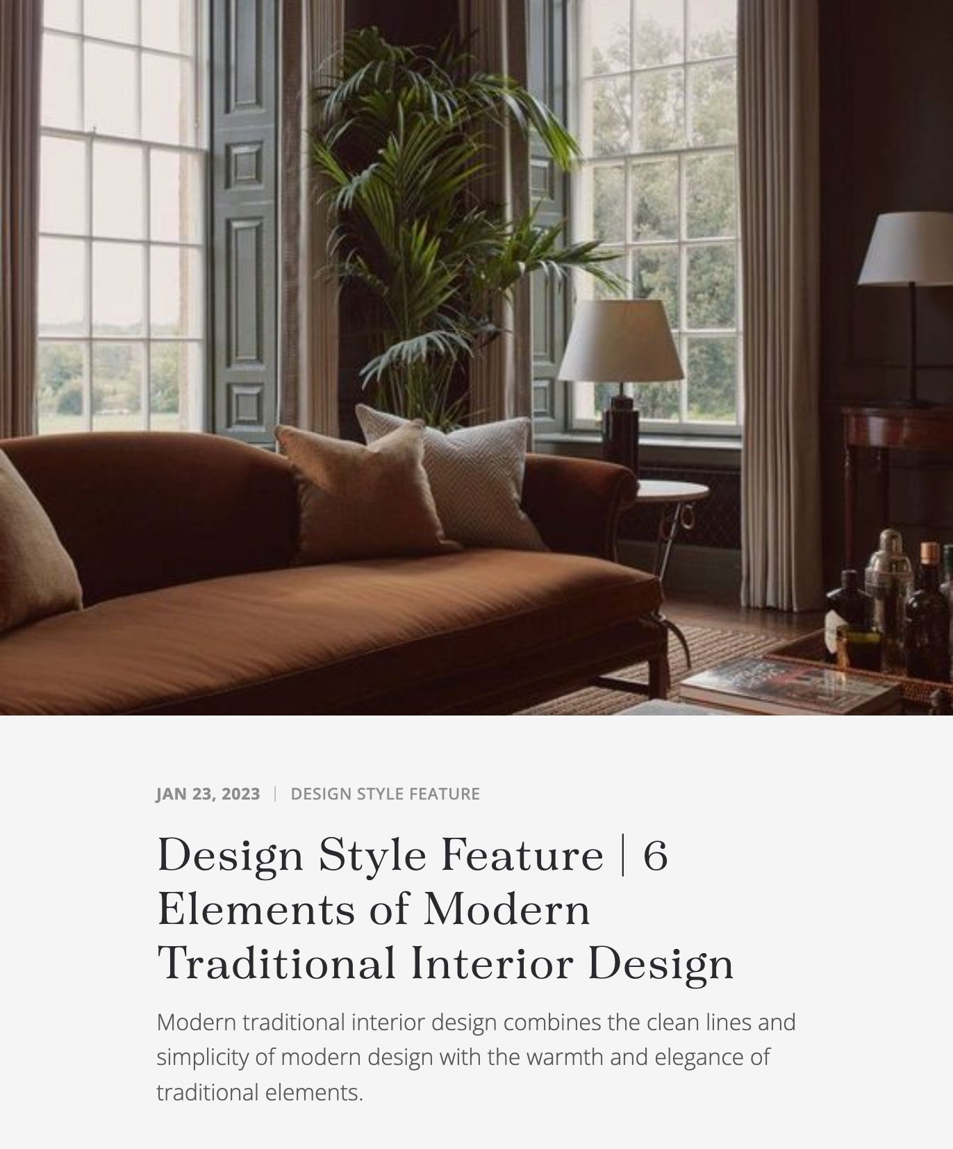 screenshot of hero section of blog post - modern traditional interior design style feature