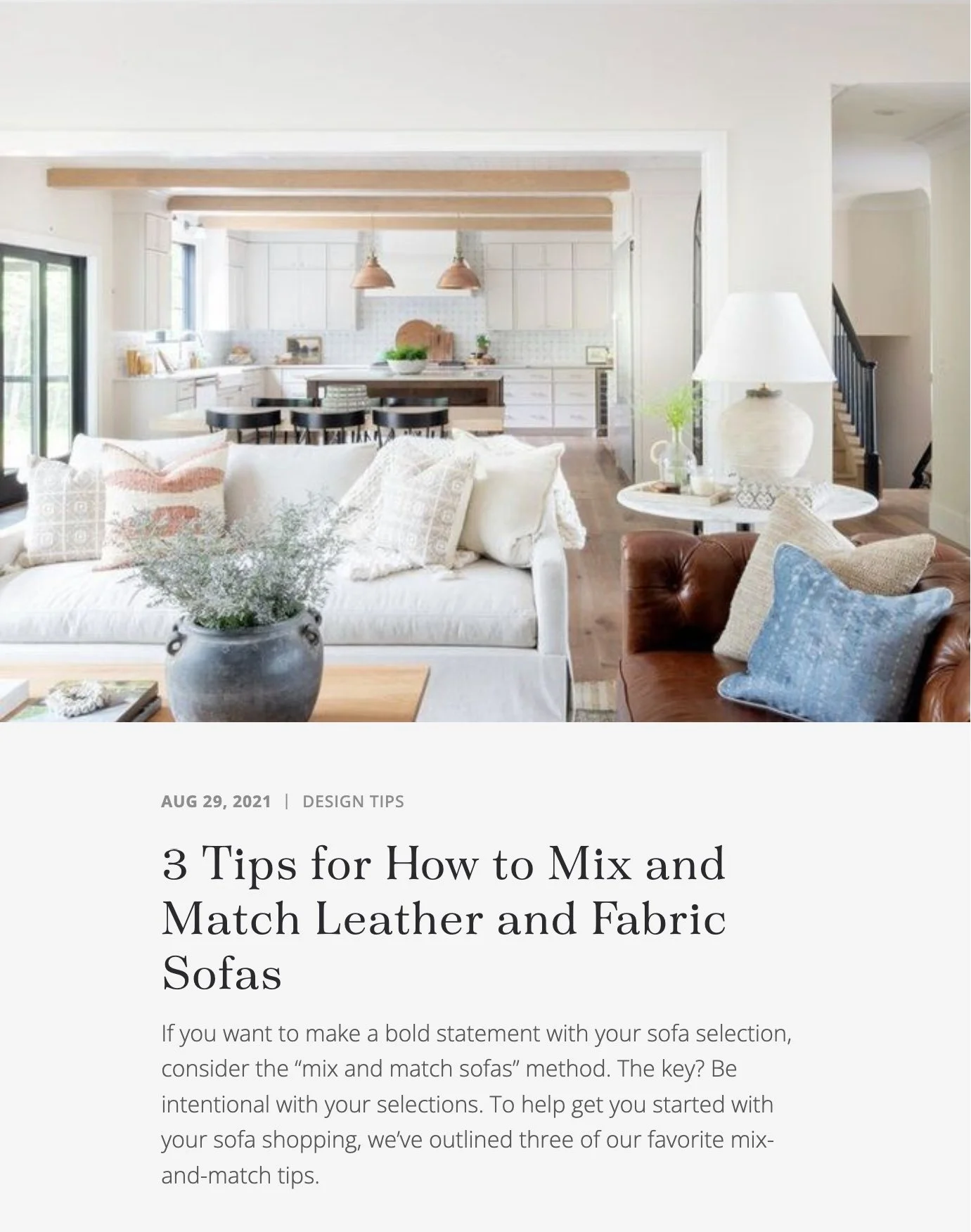 screenshot of hero section of blog post for 3 tips for how to mix and match leather and fabric sofas