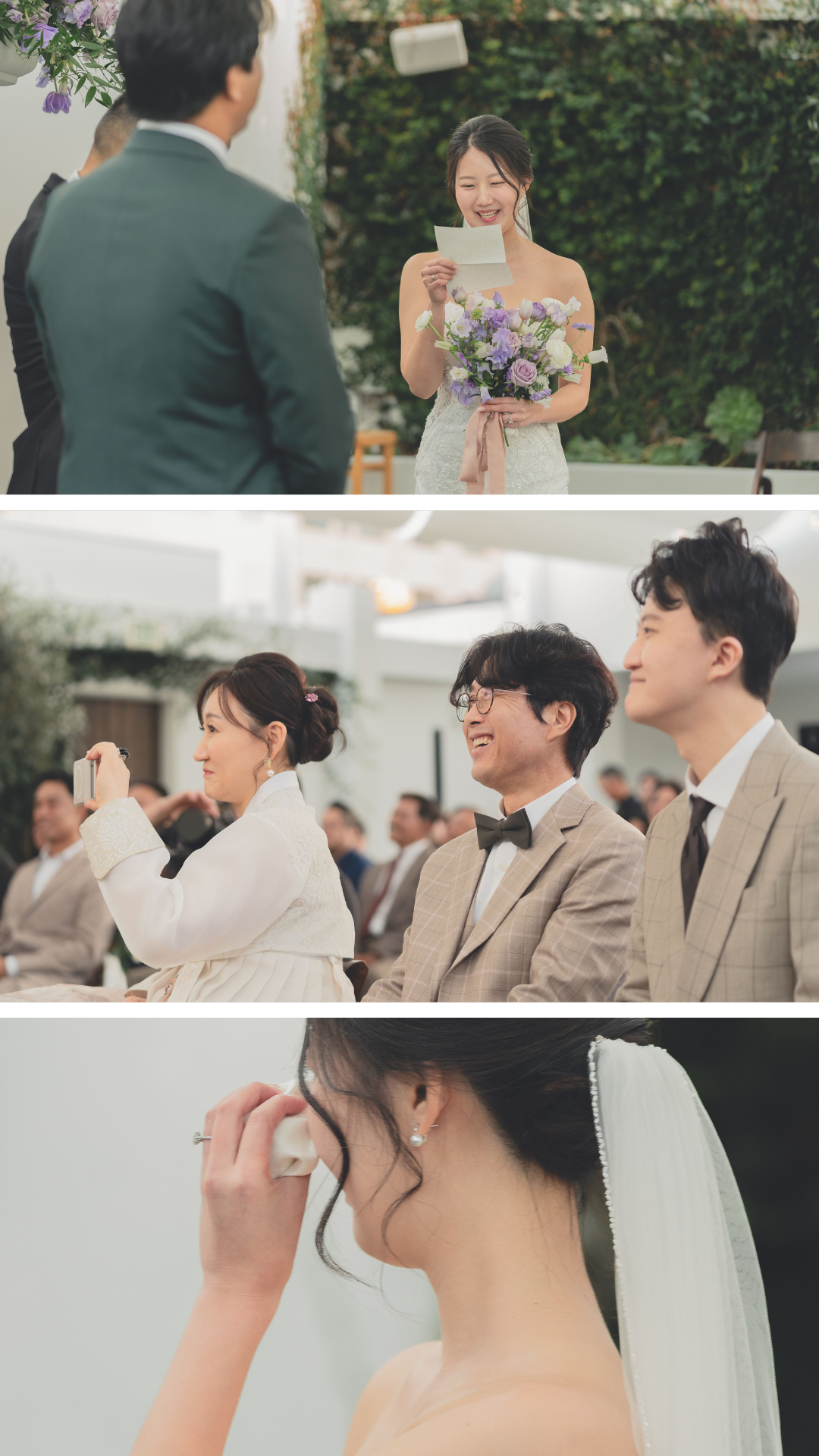 A bride reading vows, holding a bouquet, and smiling. Guests, including a man with glasses and a woman with a camera, are watching and smiling. The bride is wiping a tear, showing an emotional moment during the wedding ceremony.