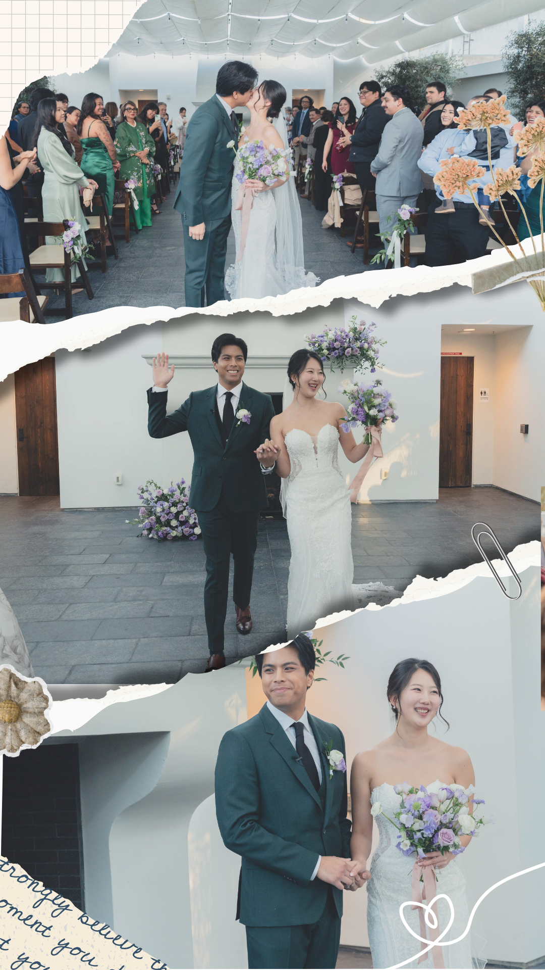 Collage of a couple's wedding ceremony with guests, groom in a green suit, and bride in a white gown holding a bouquet.