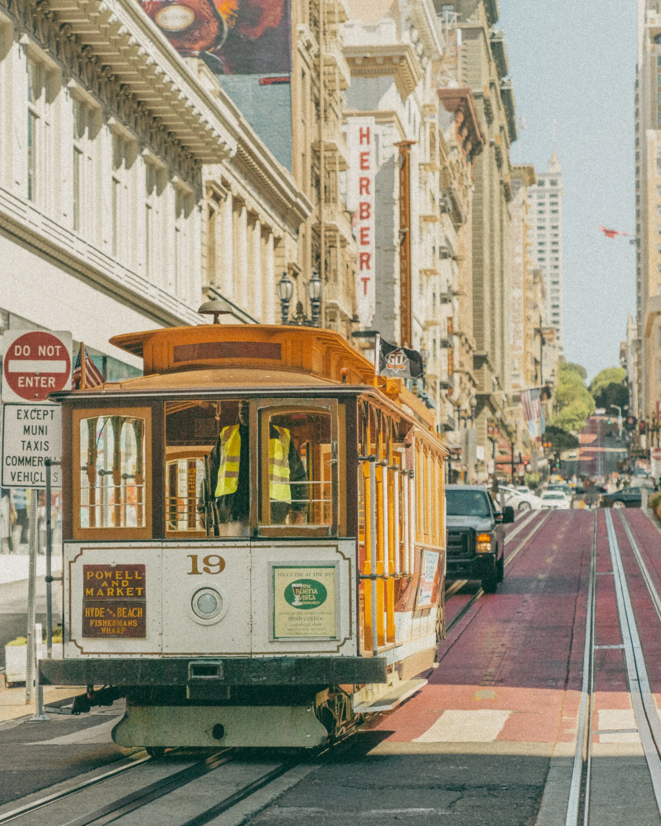 San Francisco cable car on Powell Street near Herbert Hotel.