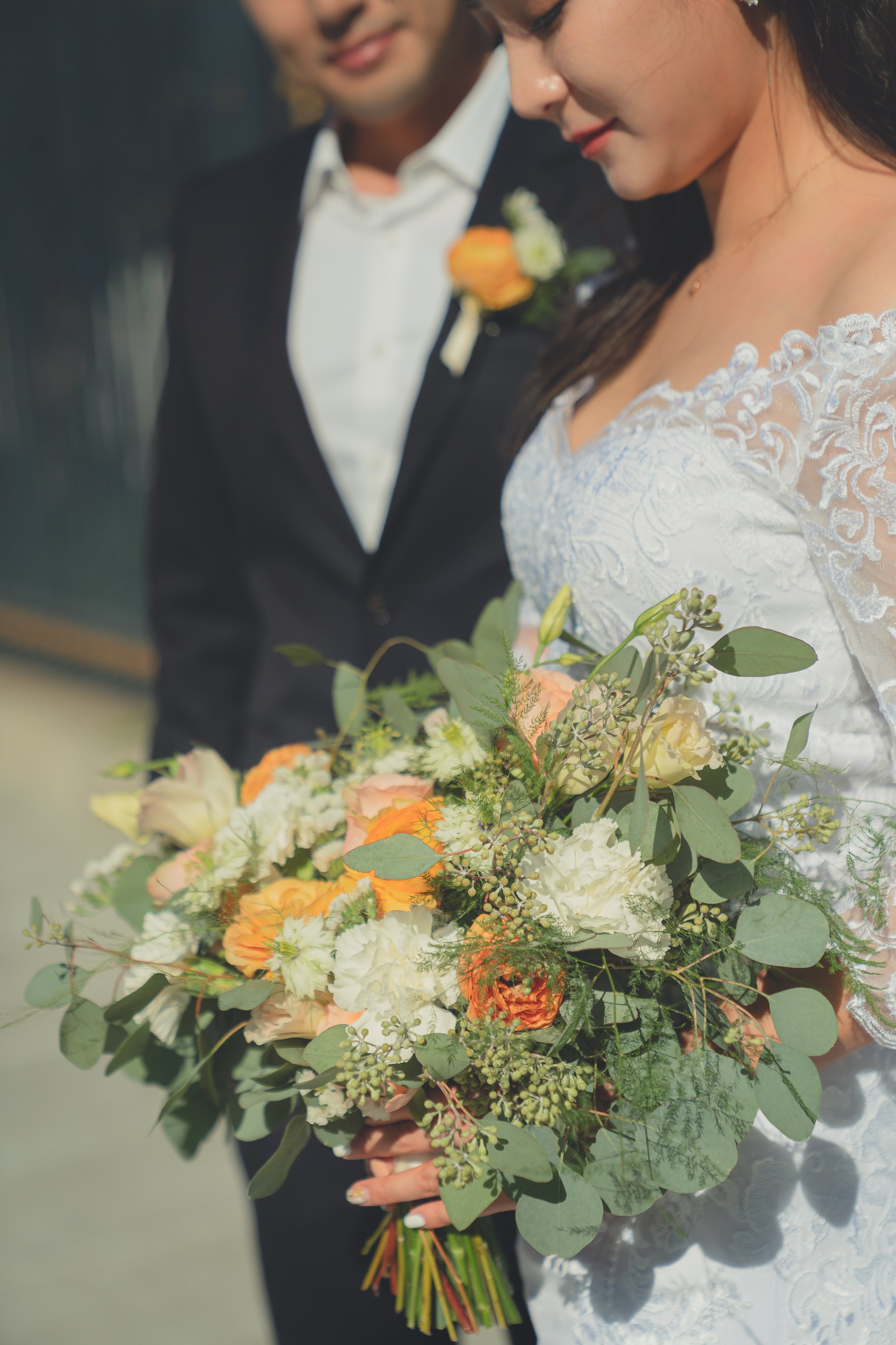 Bridal bouquet detail photographed during a San Francisco City Hall wedding ceremony.