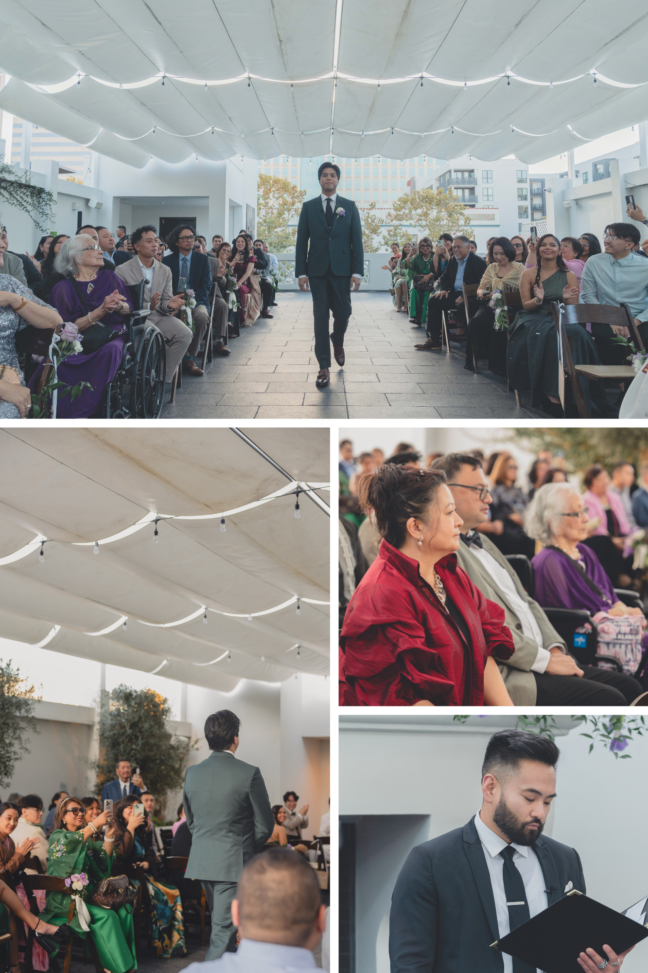 Outdoor wedding ceremony with a person walking down the aisle, guests seated and watching, overhead white canopy, string lights, and an officiant reading.