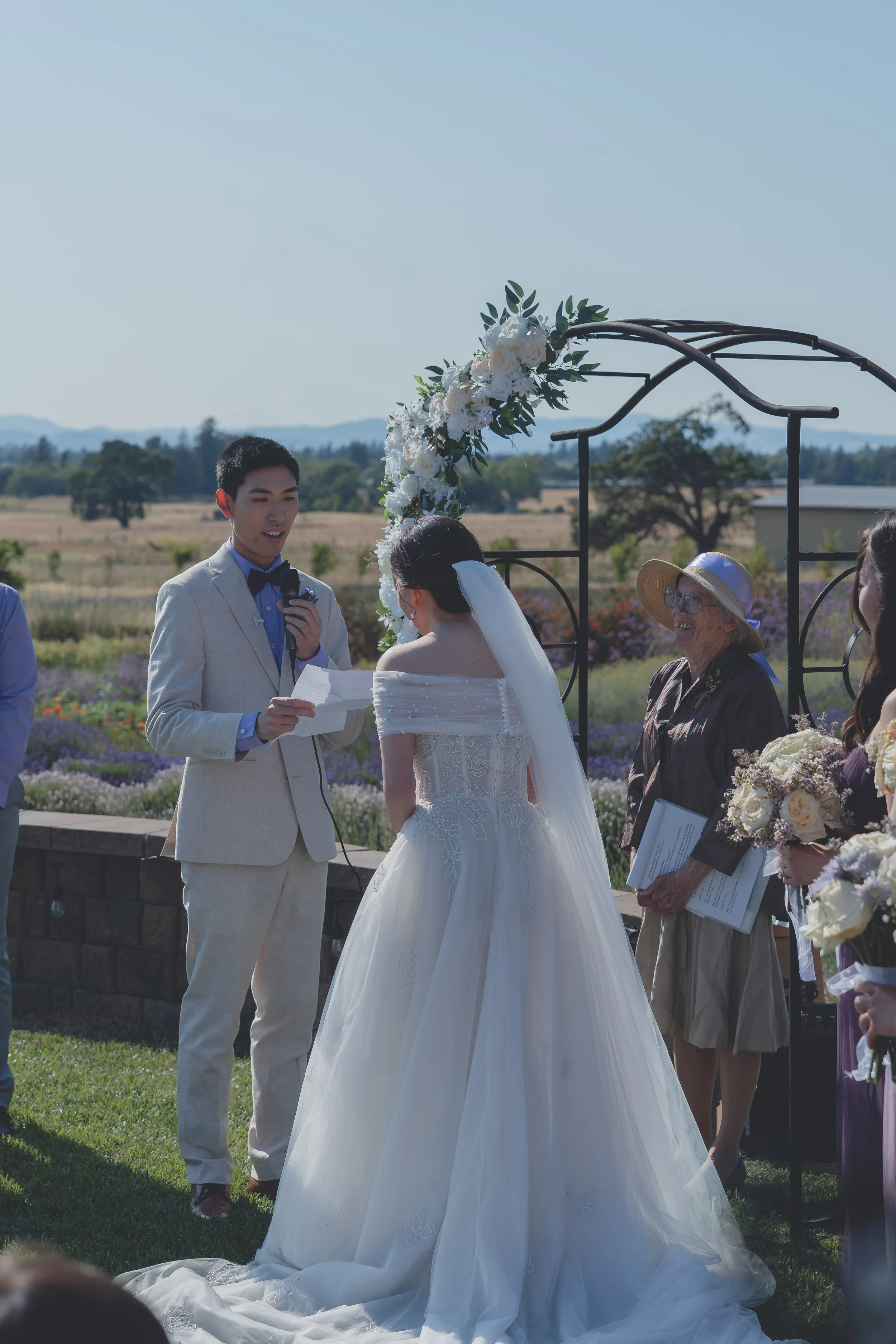 Close moment between the bride and groom as vows continue at a Sonoma wedding.