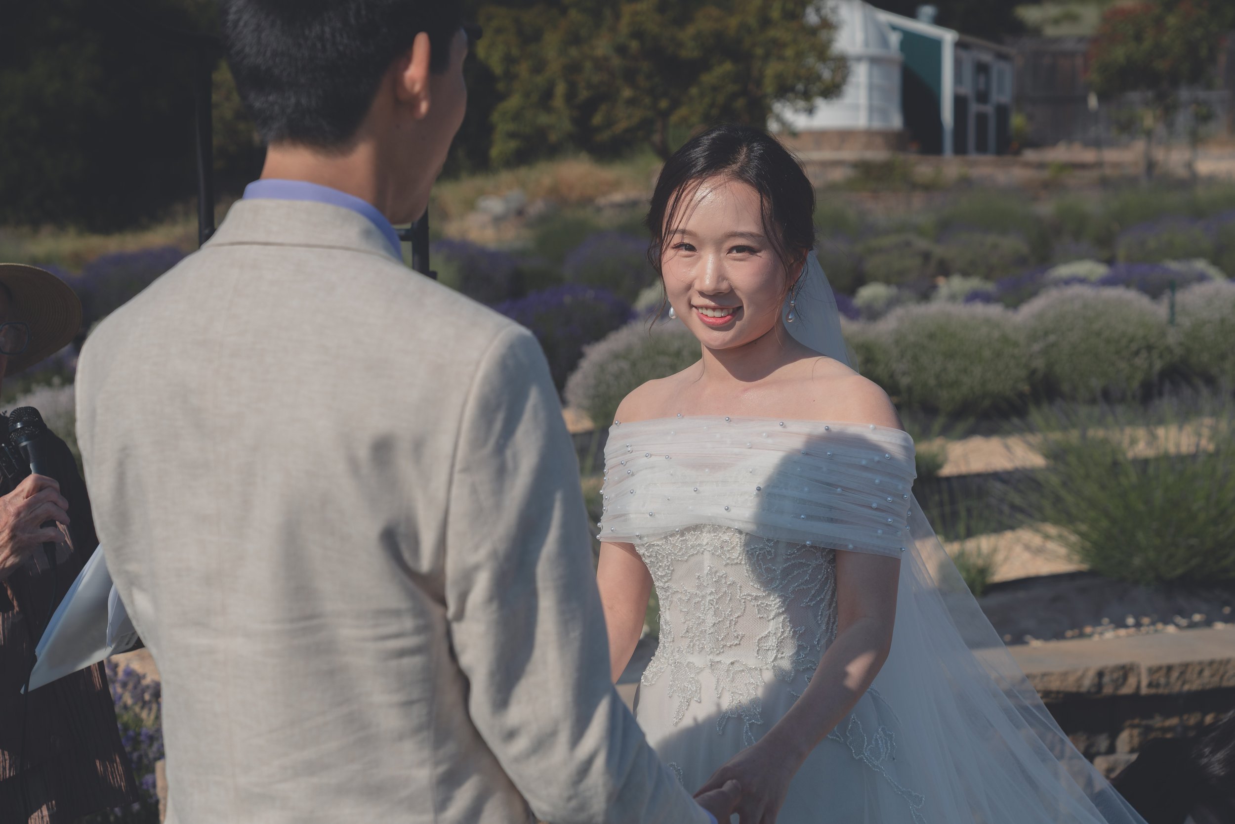 Bride and groom facing one another as the ceremony begins at a Sonoma wedding.