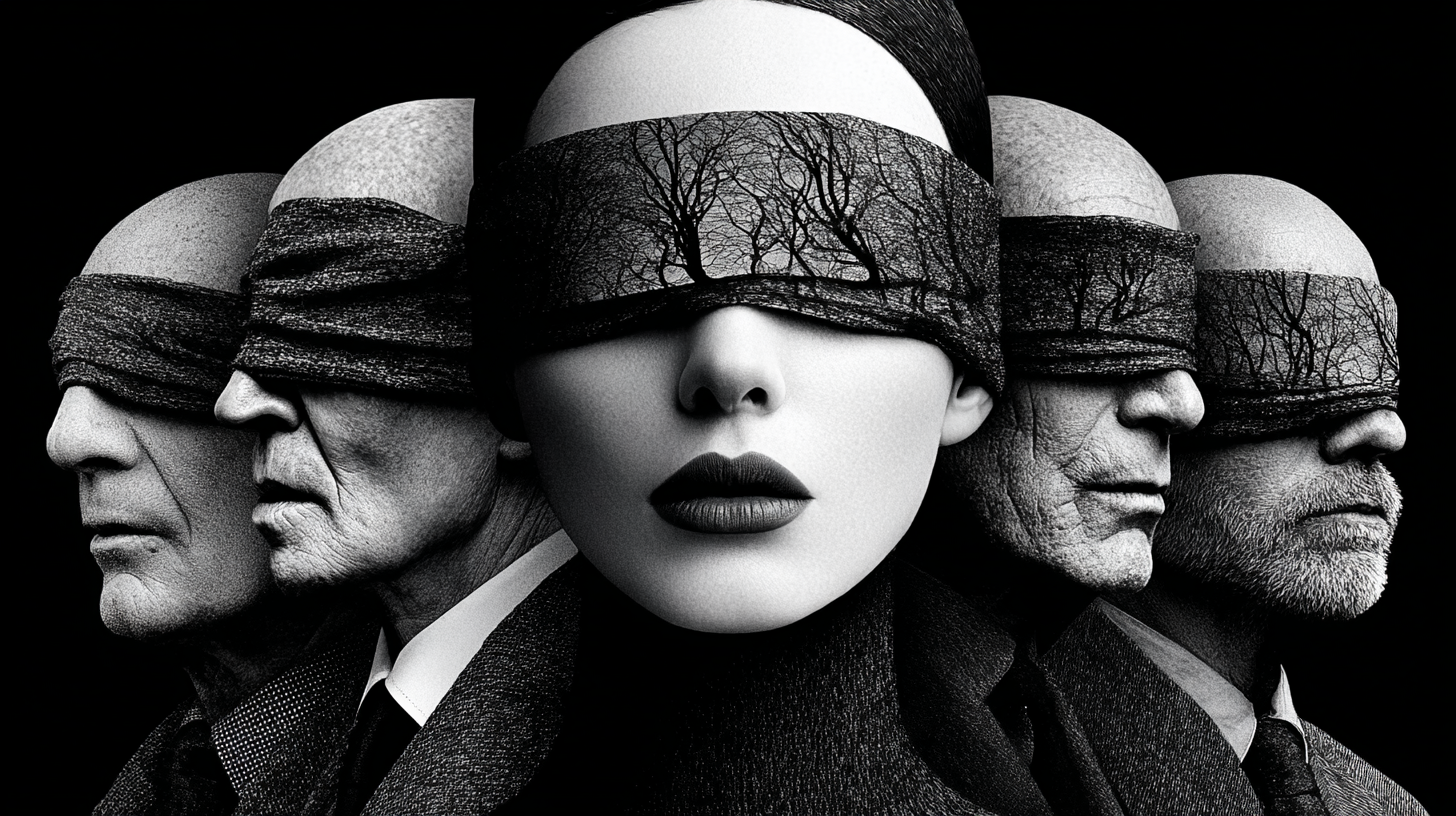 Surreal black-and-white group portrait with blindfolded figures
