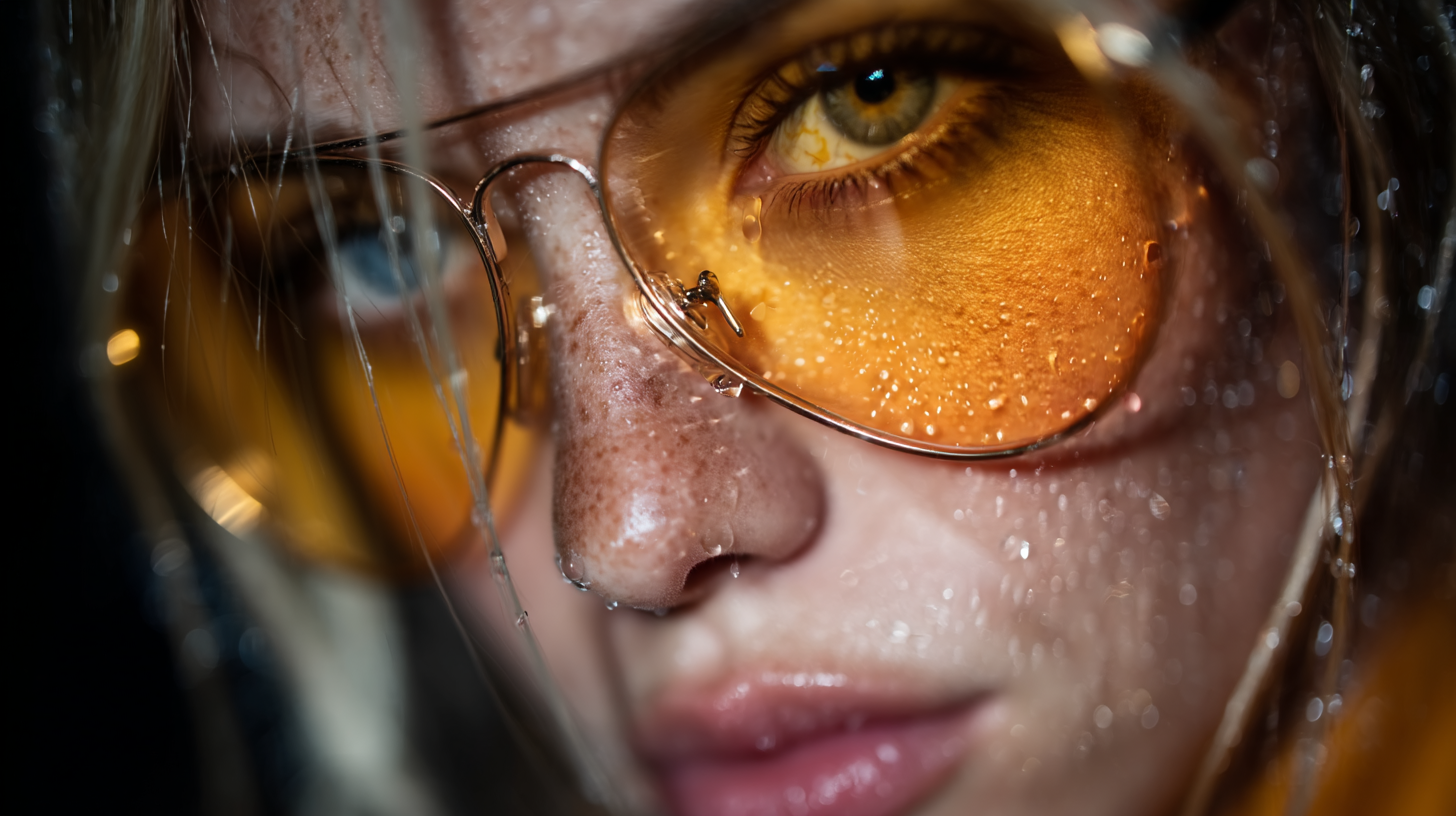 Close-up portrait with amber glasses and cinematic motion blur