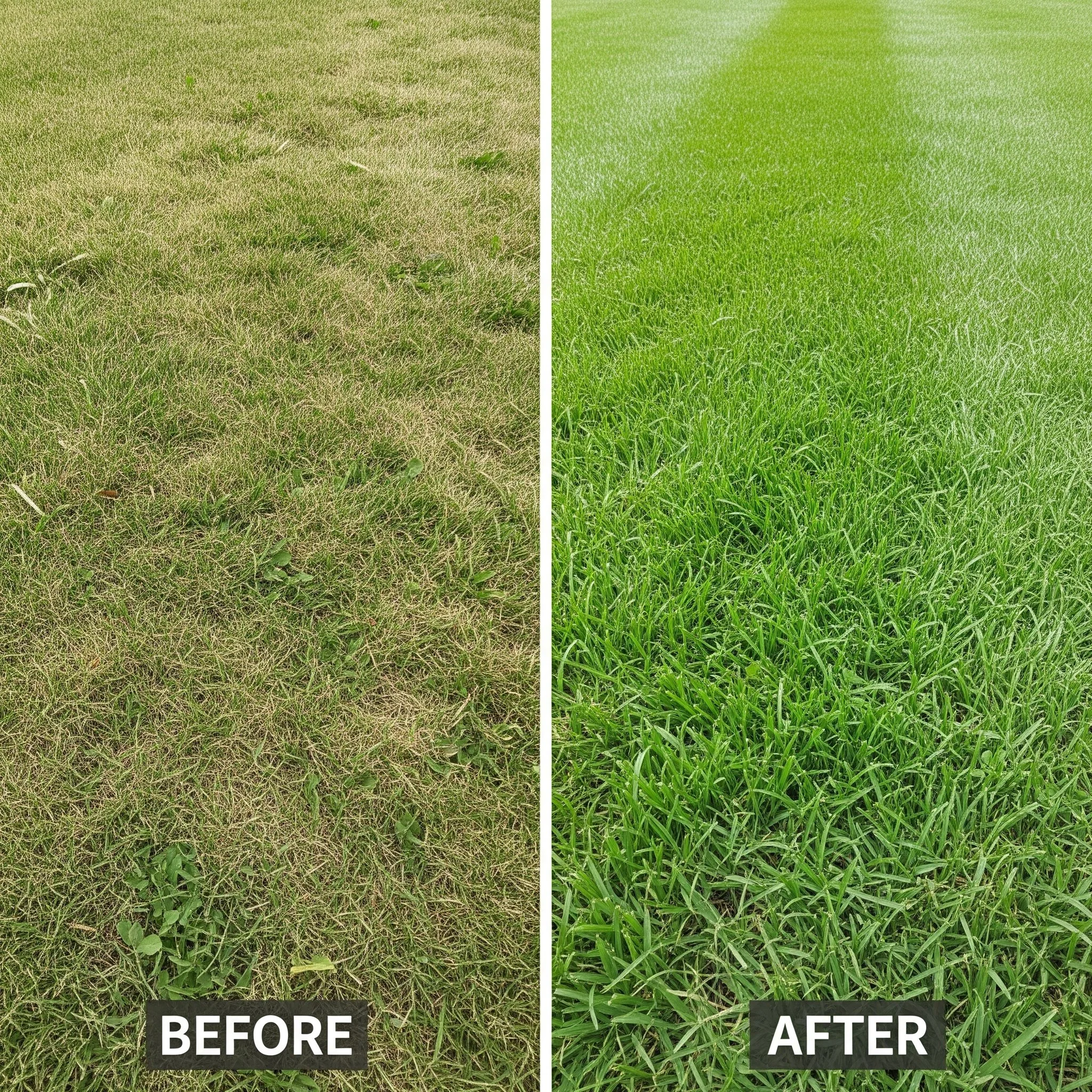 Side-by-side comparison of grass; on the left, patchy brown and green grass labeled 'Before'; on the right, lush and uniformly green grass labeled 'After'.