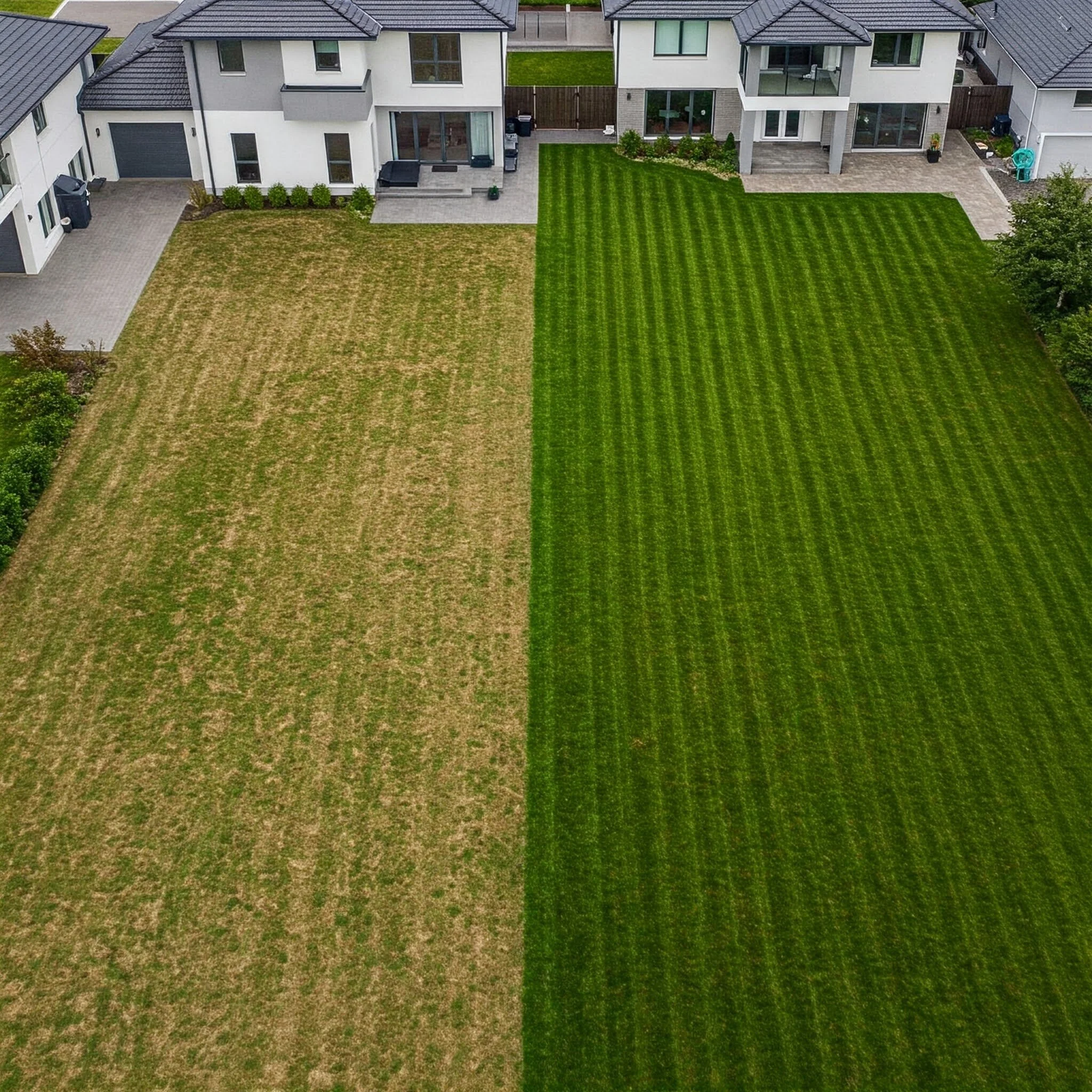 Aerial view of two neighboring backyards, one with patchy brown grass and one with lush green grass, in front of modern houses.