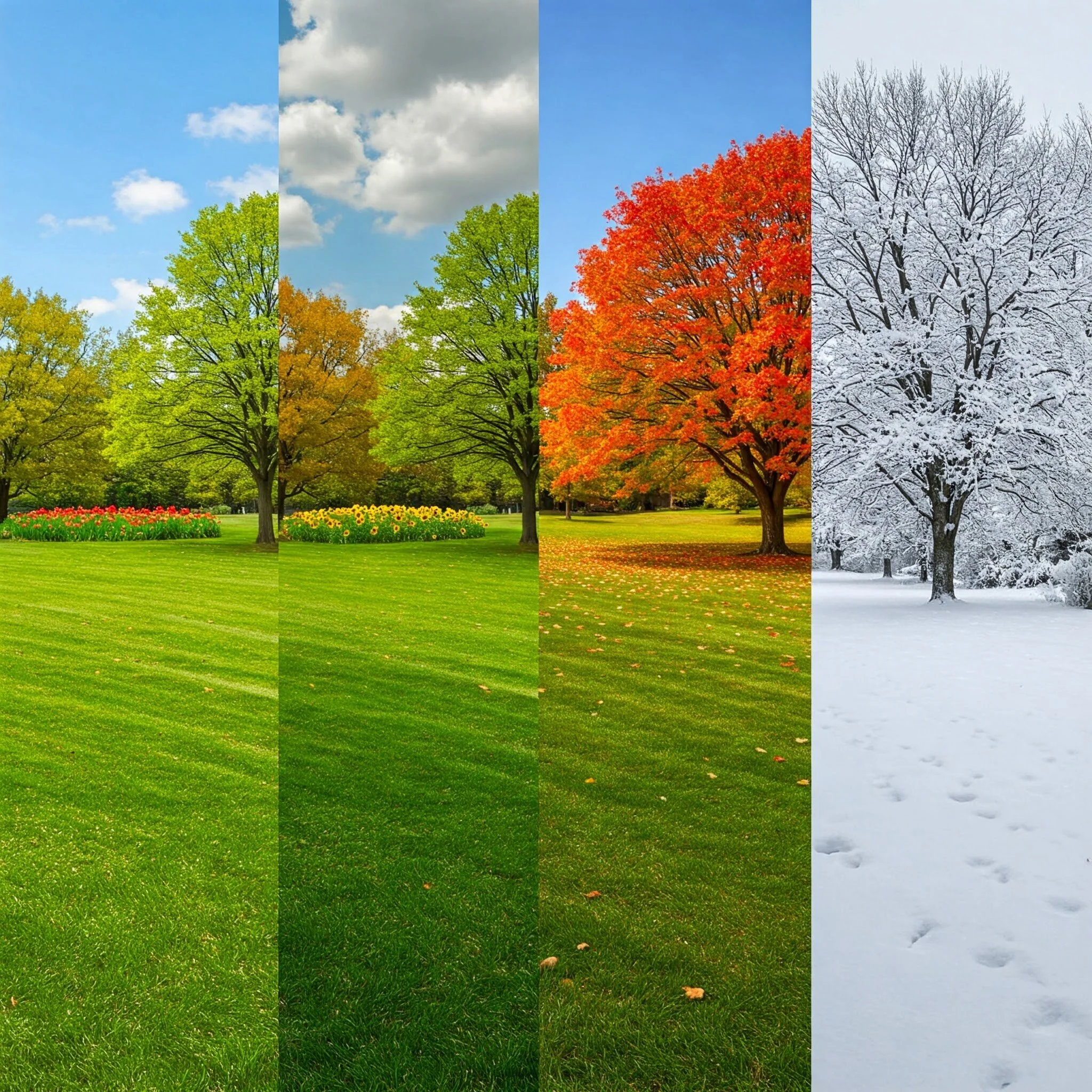 A collage showing the four seasons: spring with blooming flowers and green trees, summer with lush green trees and a bright sky, fall with orange and red leaves, and winter with snow-covered trees and ground.