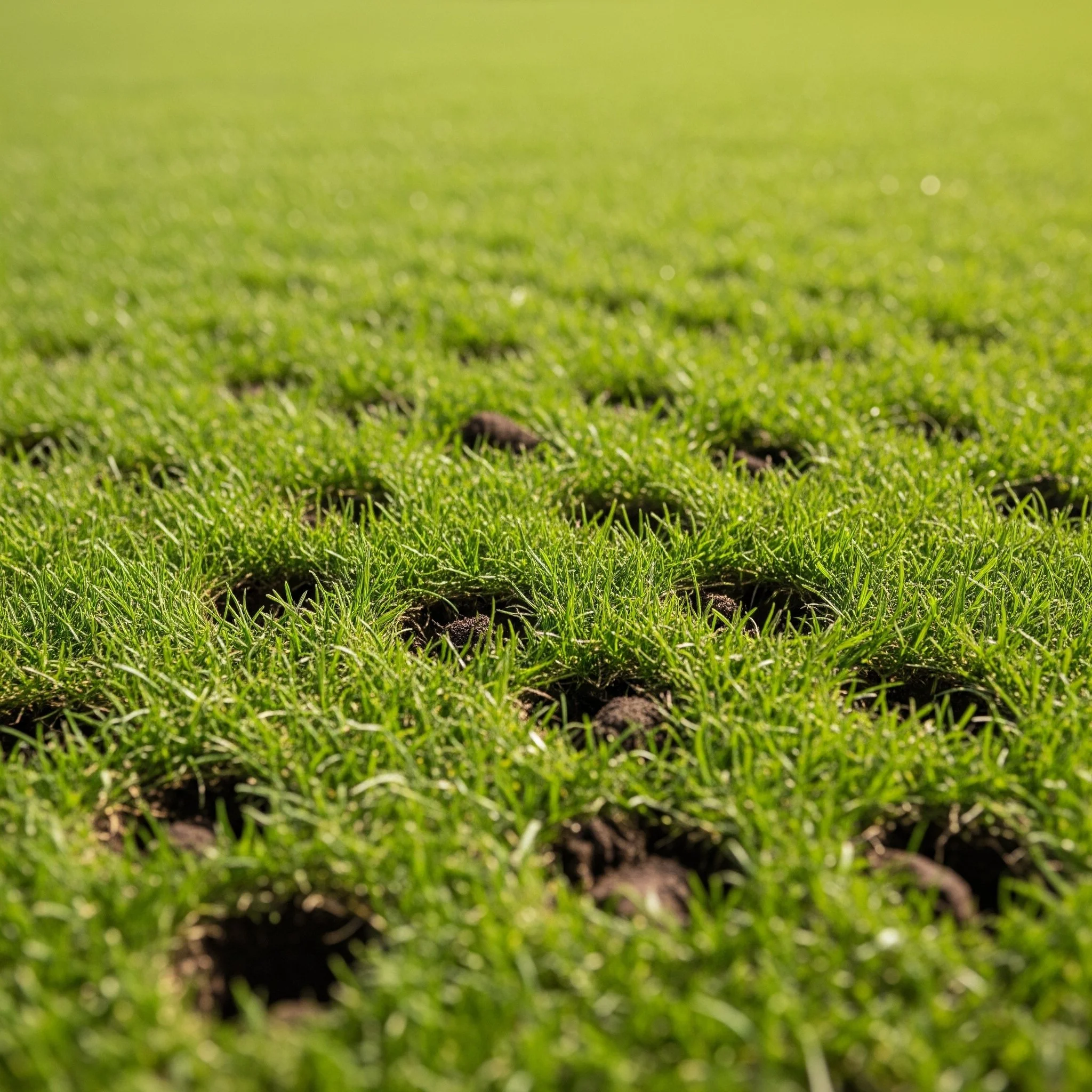 Close-up view of a turf grass surface with multiple small holes in the ground.