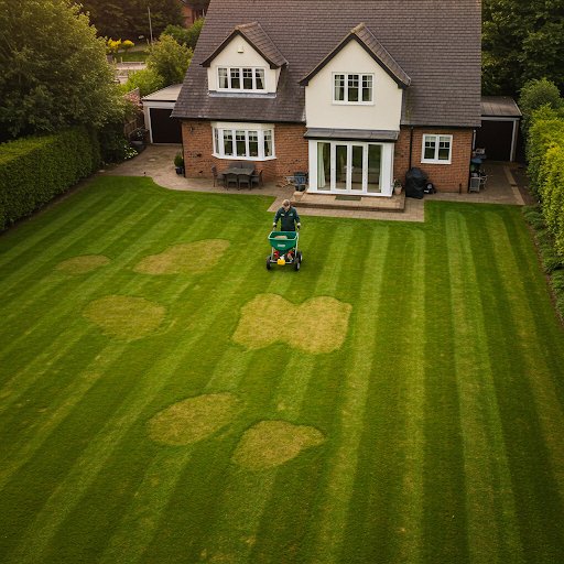 An aerial view of a backyard with a large house, a well-maintained lawn, and a person riding a lawn mower, tending to the grass.