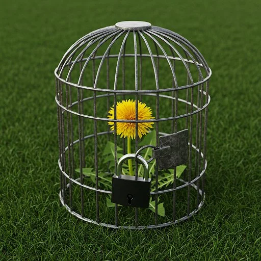 A yellow dandelion flower inside a small metal birdcage with two locks, placed on green grass.