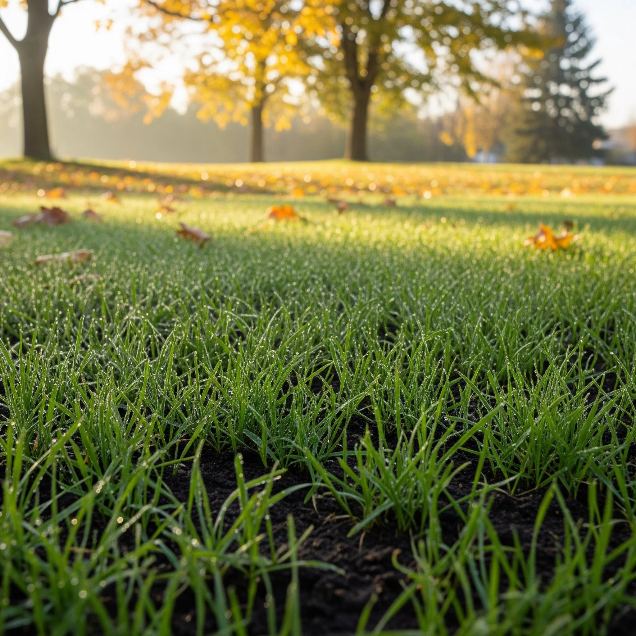 Close-up of green grass with dew, a few fallen autumn leaves, and trees in the background during sunset.