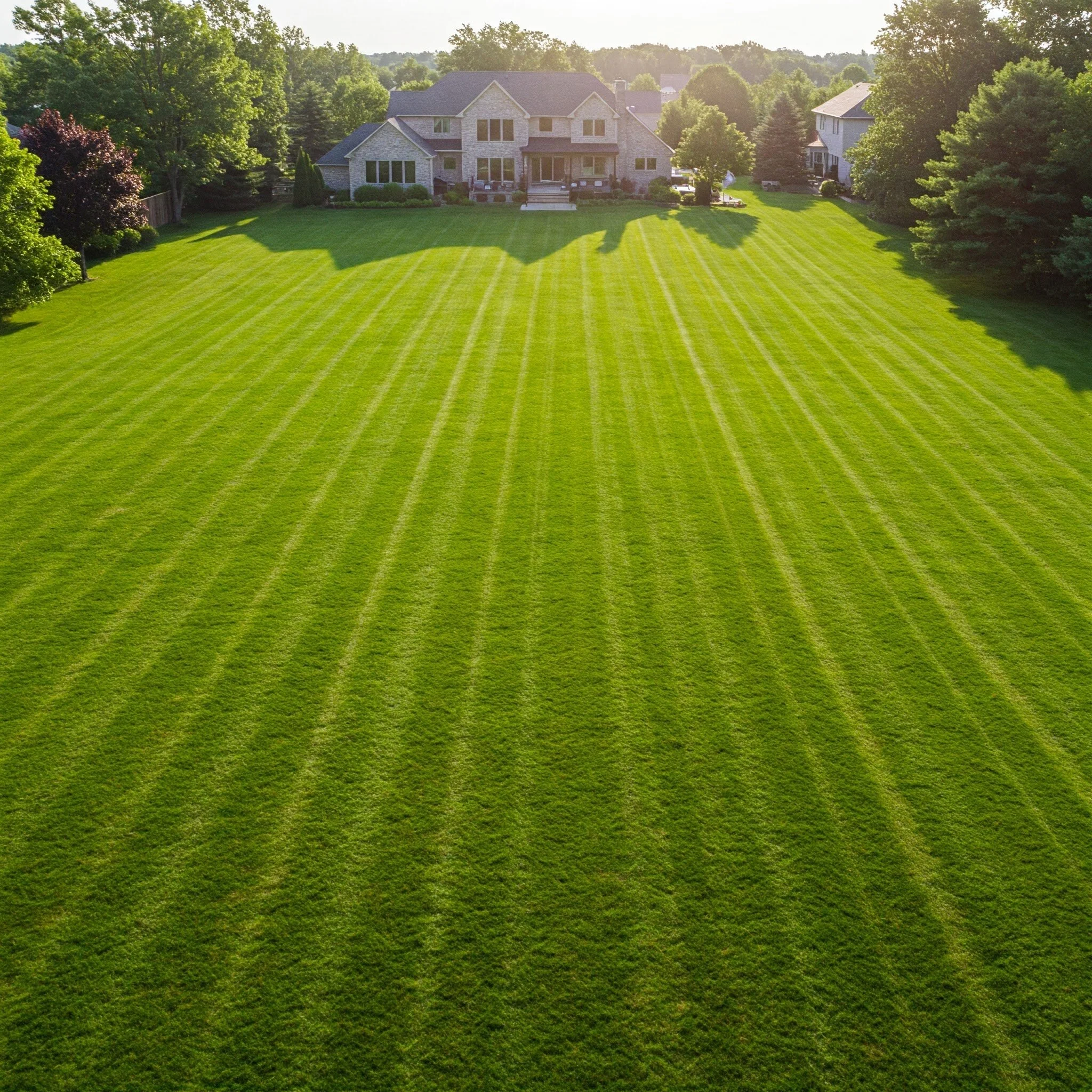 A large, well-maintained backyard with freshly mowed grass, marked with parallel lines, and a large house in the background surrounded by trees.