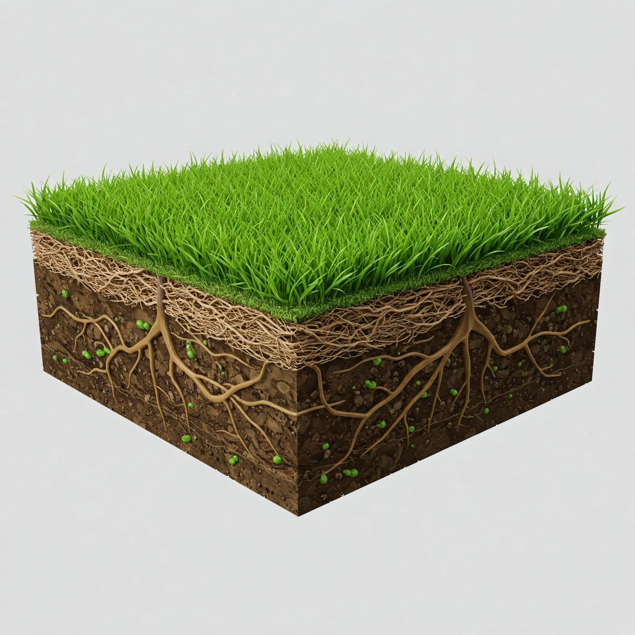 Cross-section of soil showing healthy root system and vibrant green grass above.