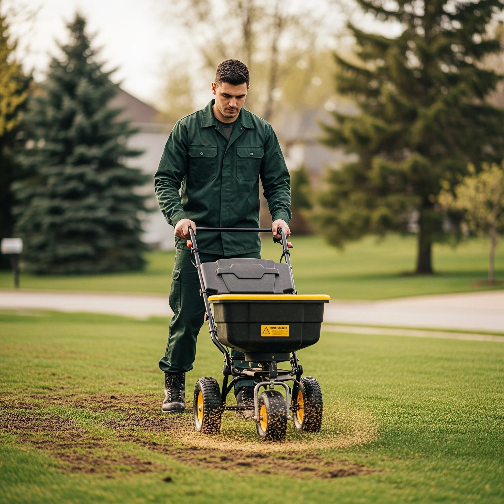 A man operating a walk-behind lawn aerator on a lawn in a park or suburban area.