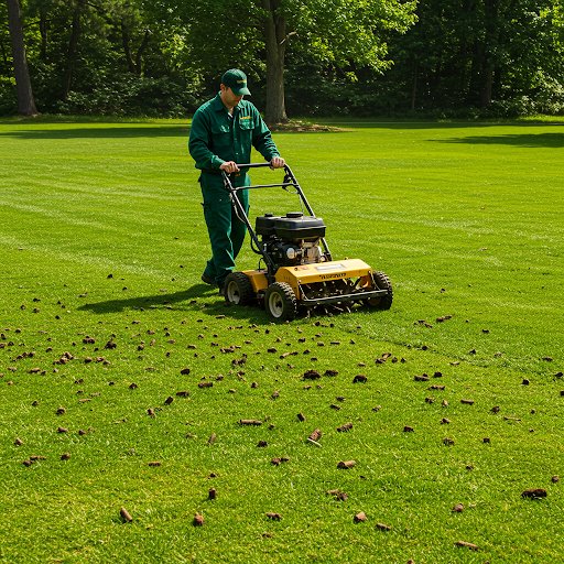 A person mowing a grassy lawn with a walk-behind lawn mower, surrounded by green trees.