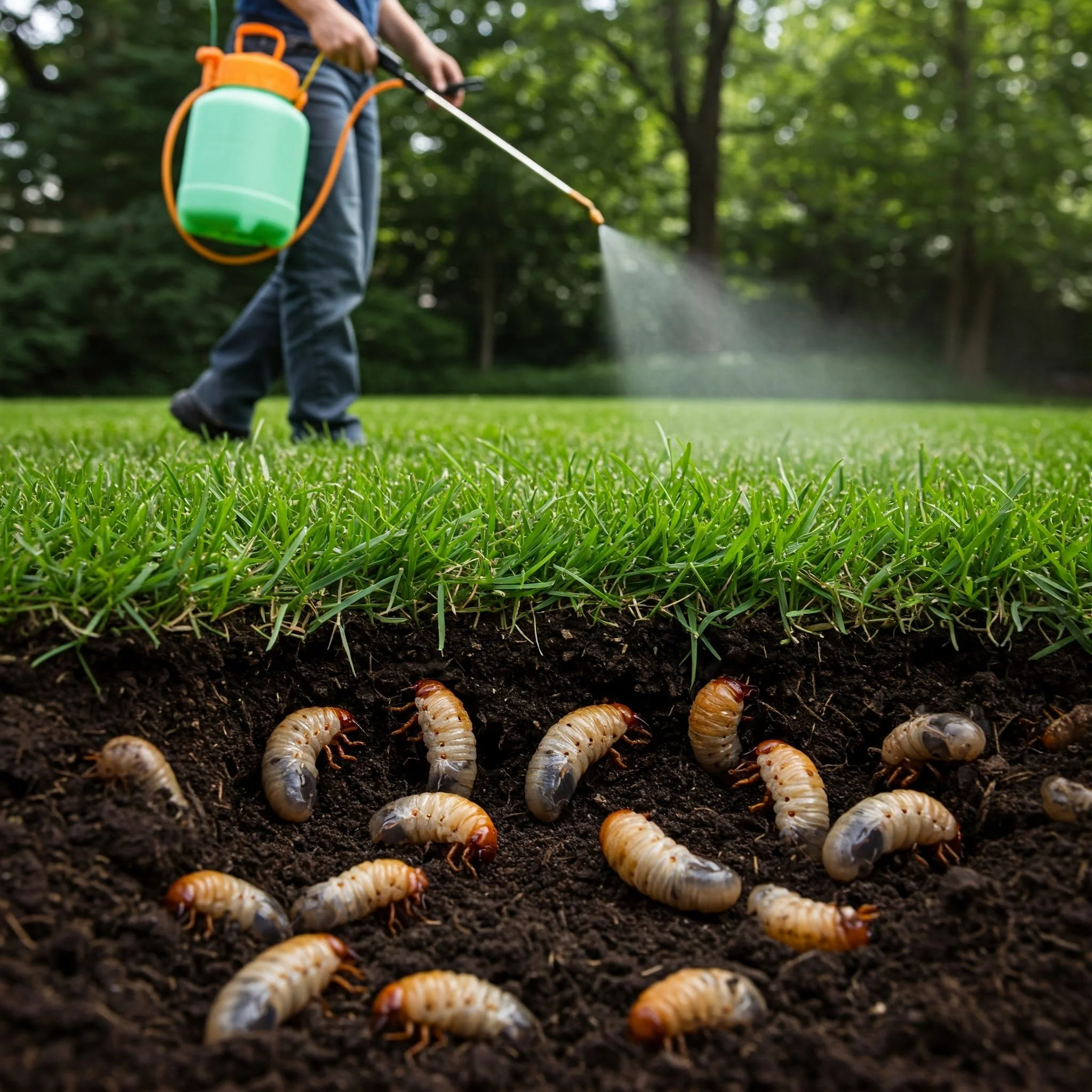 Person watering soil with millipedes on the ground in a grassy area.