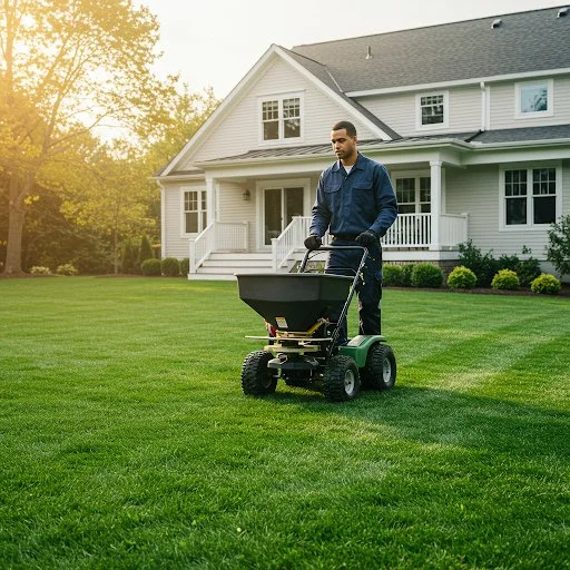 Man using a lawn spreader on a well-maintained lawn in front of a white house during sunset.